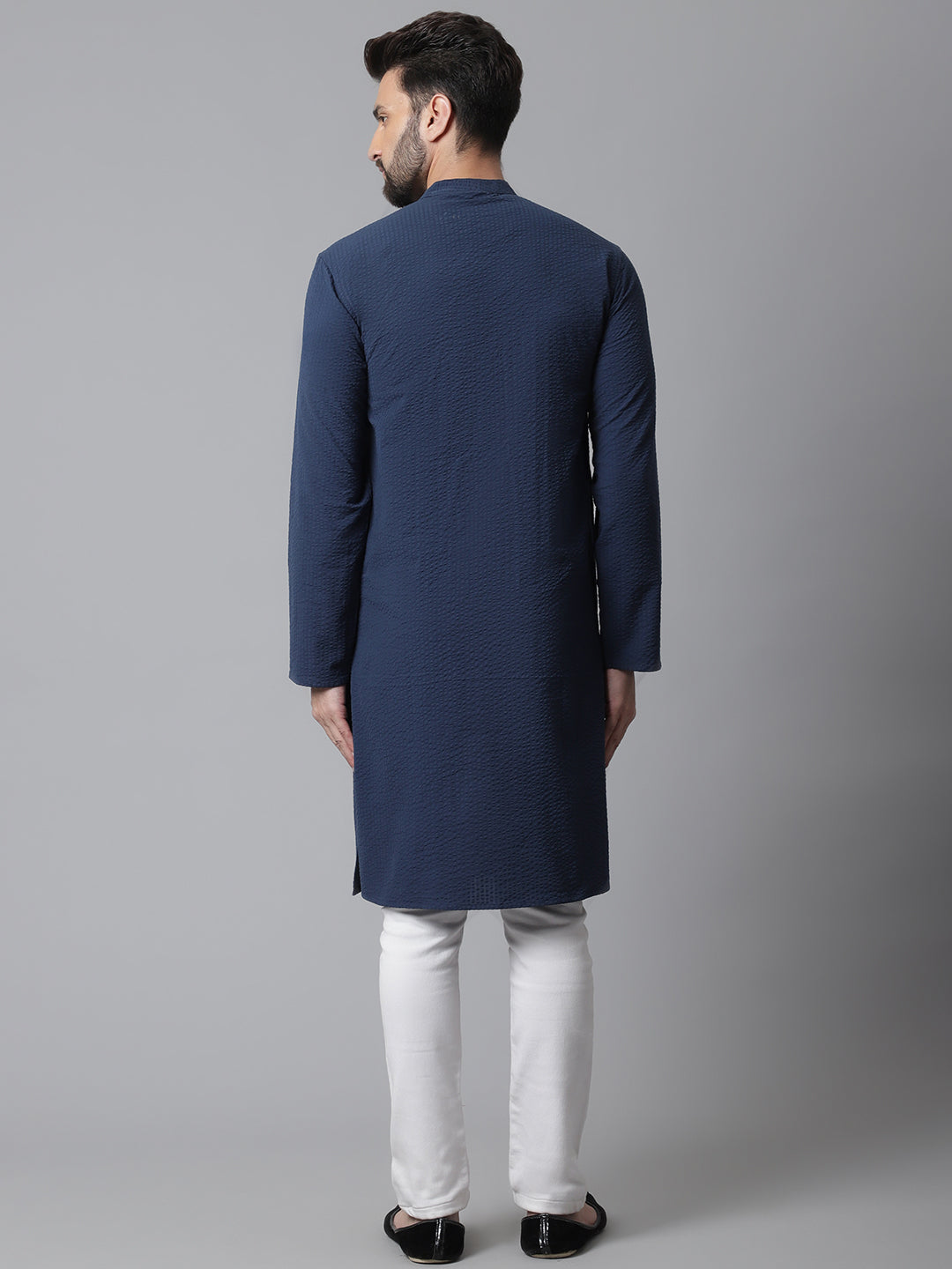 Even Apparels Blue Solid Kurta With Band Collar 
