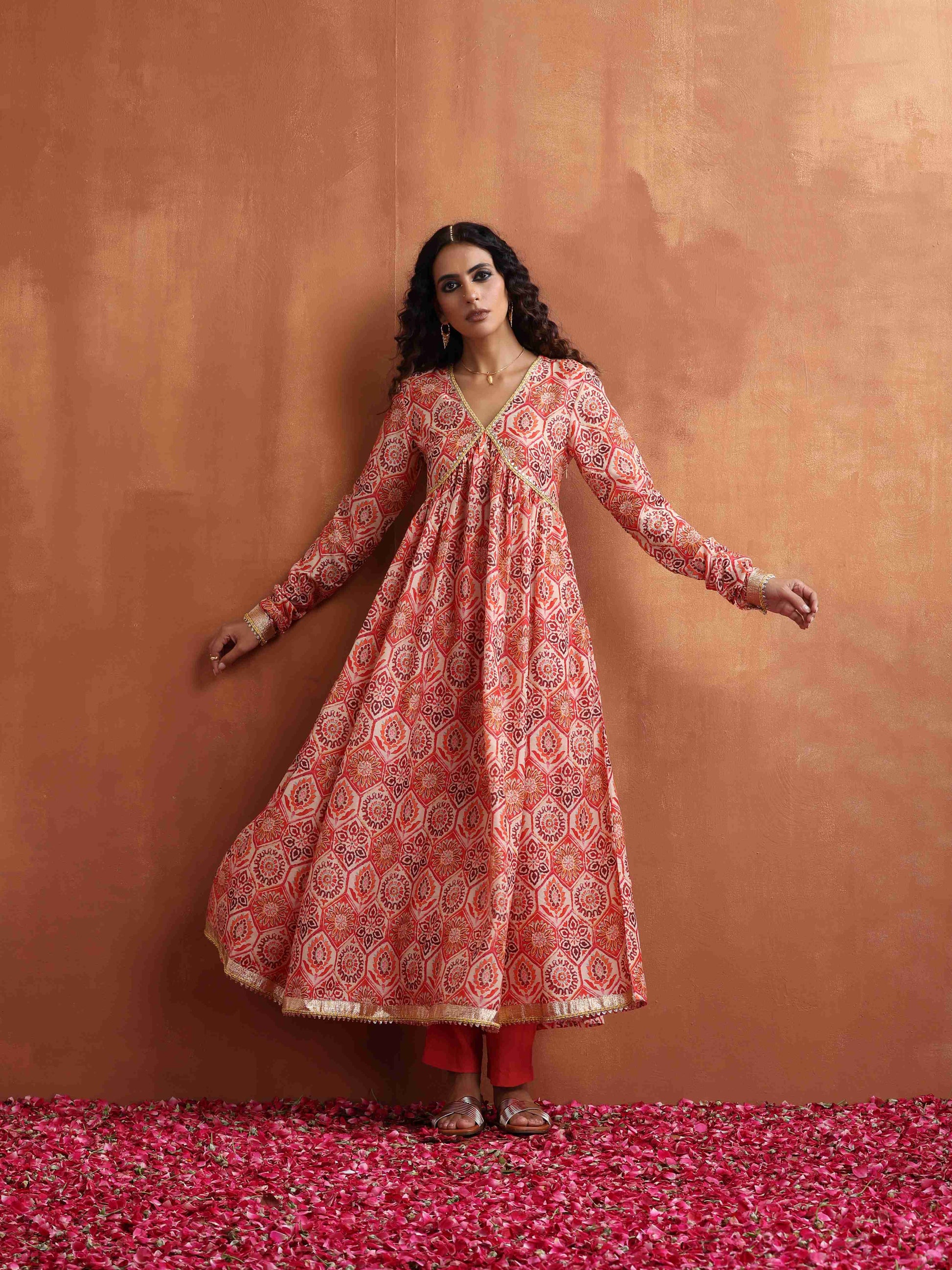 trueBrowns Beige Print Flared Anarkali Kurta Set 