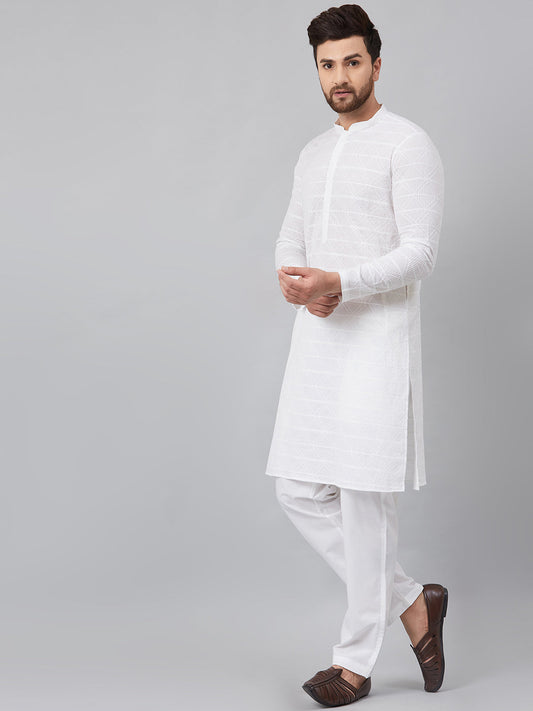 NOZ2TOZ Men White Green Chikankari Embroidered Woven Design Straight Kurta - Grab2buy