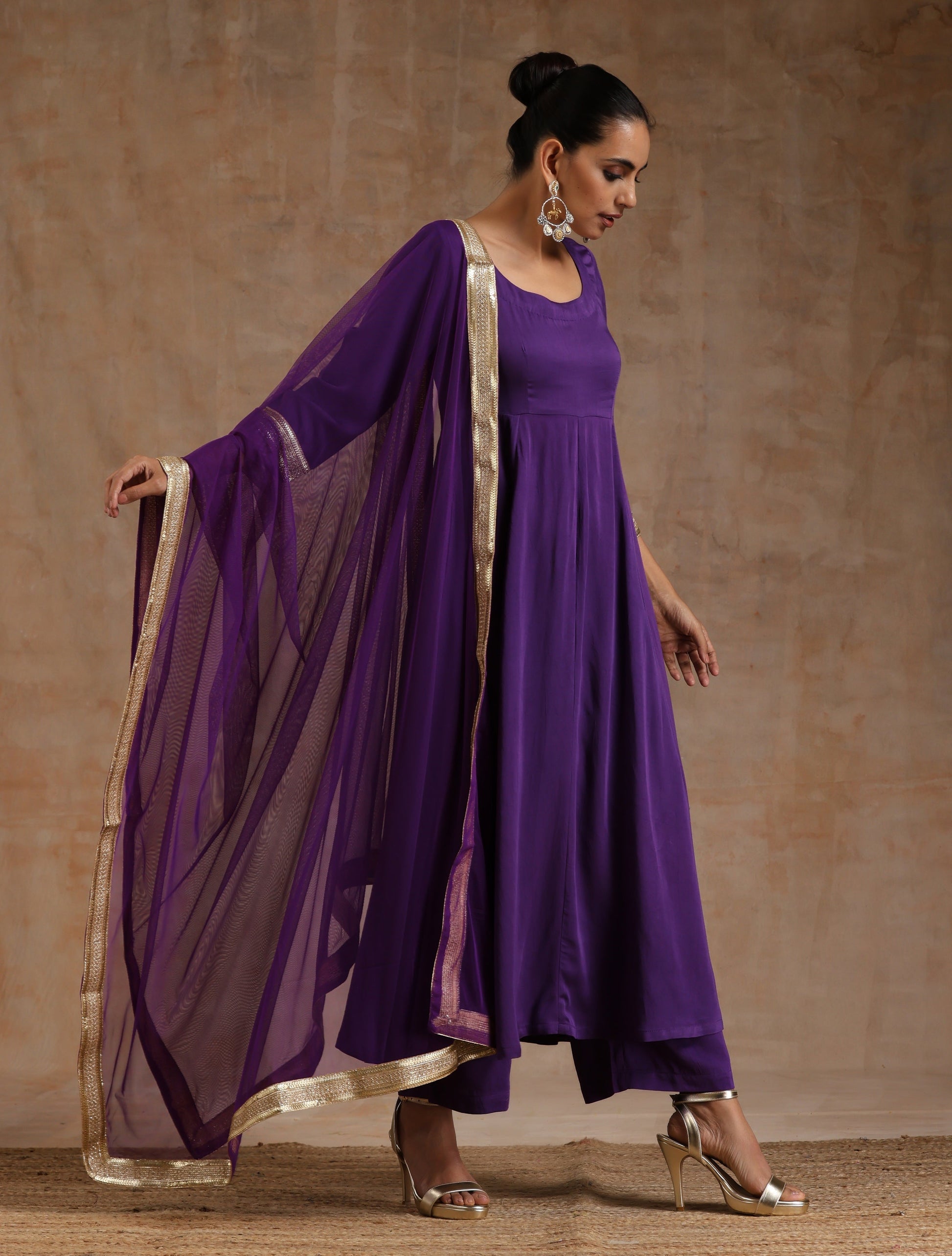 trueBrowns Violet Modal Satin Anarkali Set 