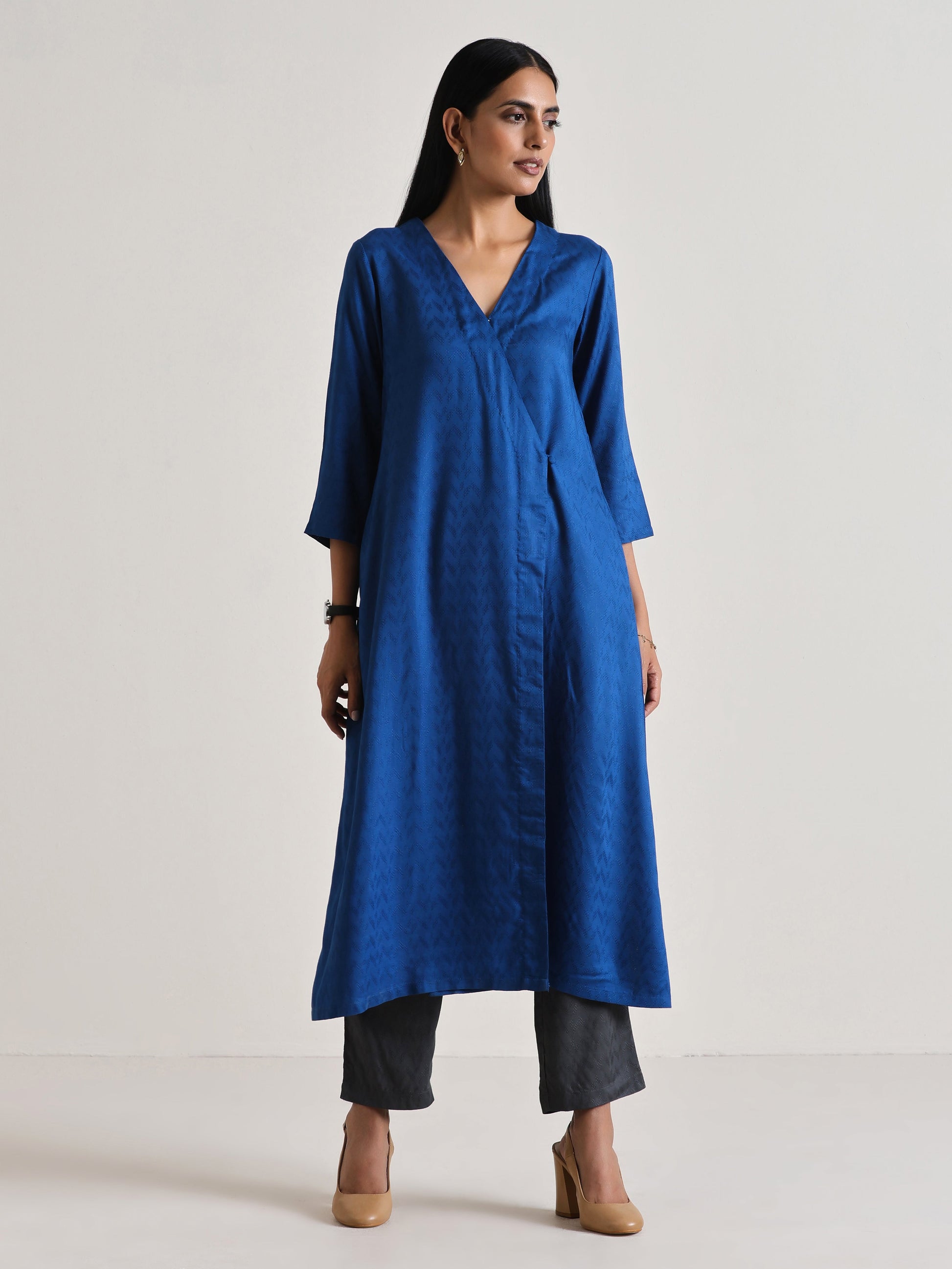 trueBrowns Ink Blue Angrakha Kurta Set 