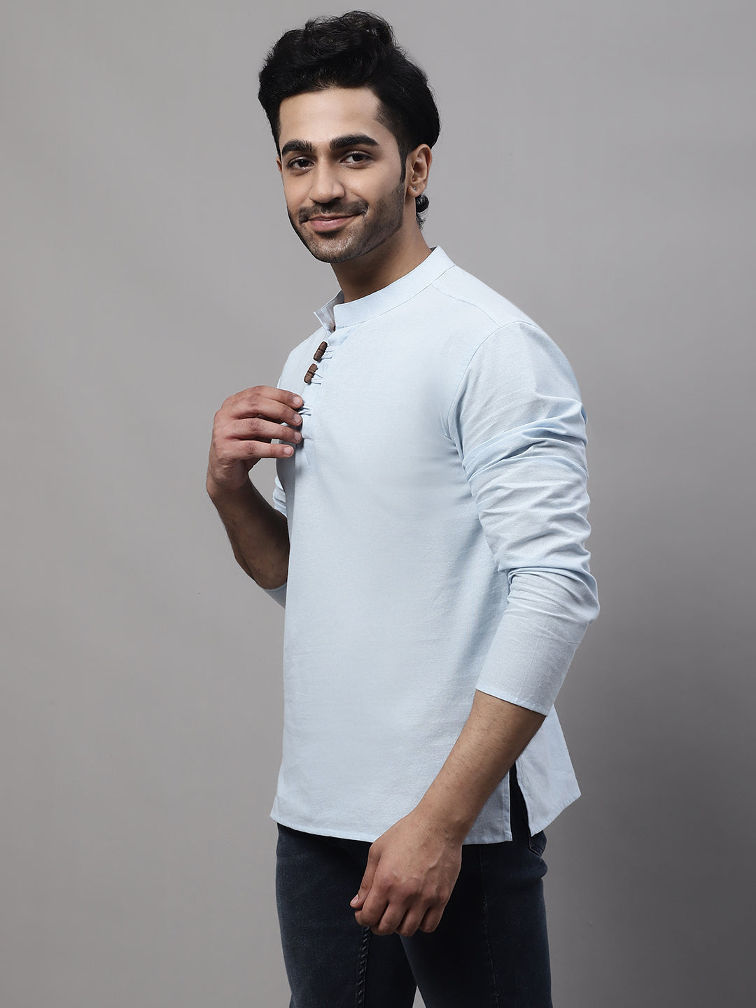 Even Apparels Blue Pure Cotton Kurta With Band Collar 