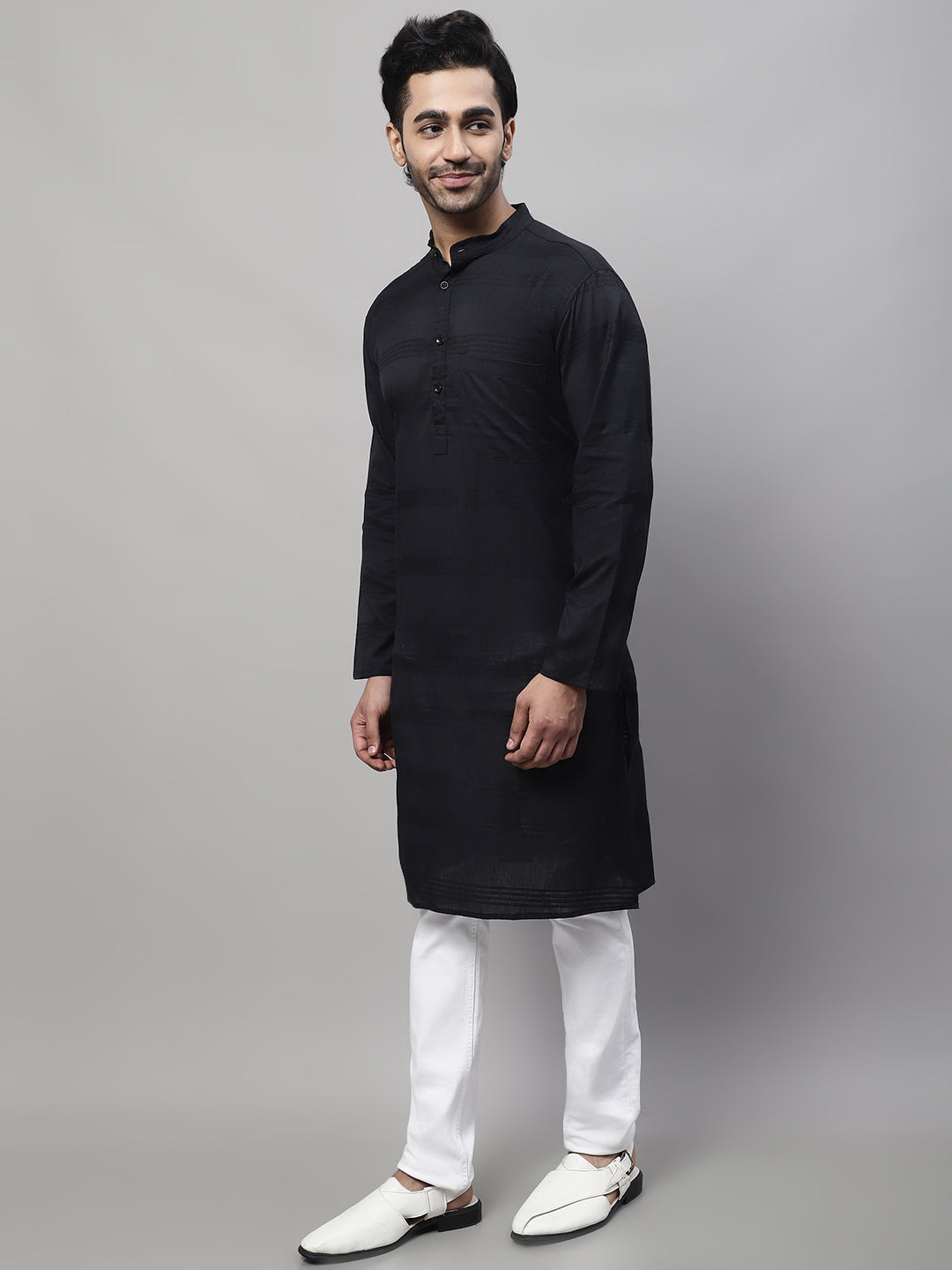 Even Apparels Black Pure Cotton Kurta With Band Collar 