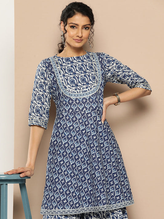 KSUT (House of Varanga) Indigo And White Floral Printed Flared Kurta Sharara Set