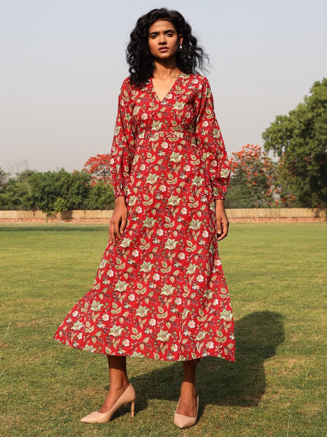 trueBrowns Red Cotton Block Print Backless Dress 