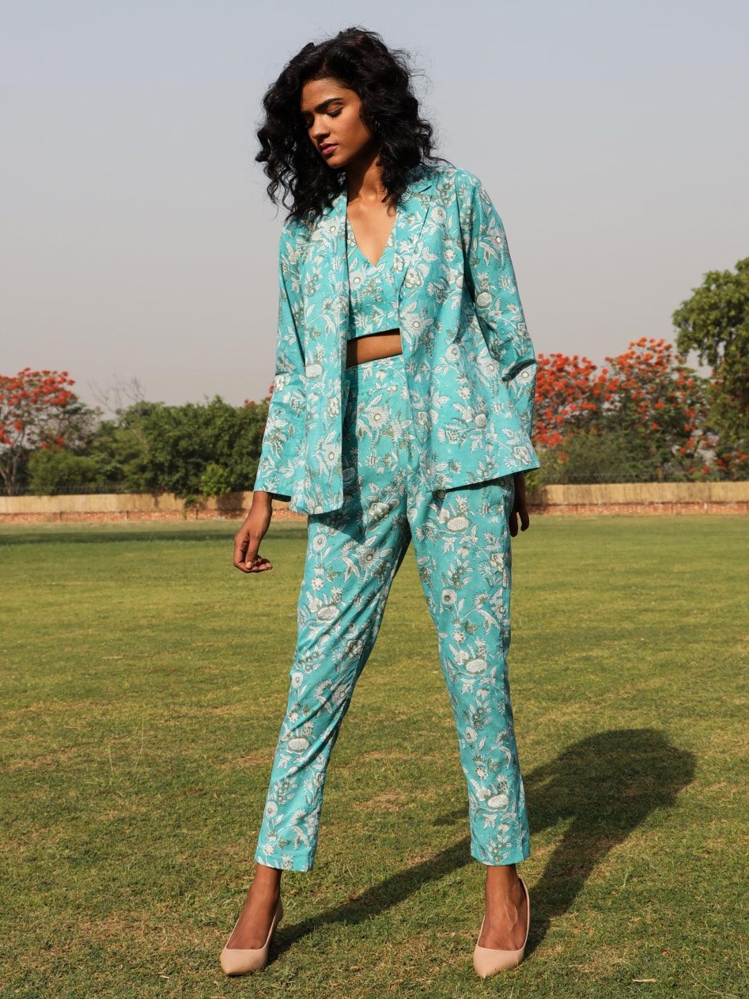 trueBrowns Turquoise Cotton Block Print Pant Suit Set 