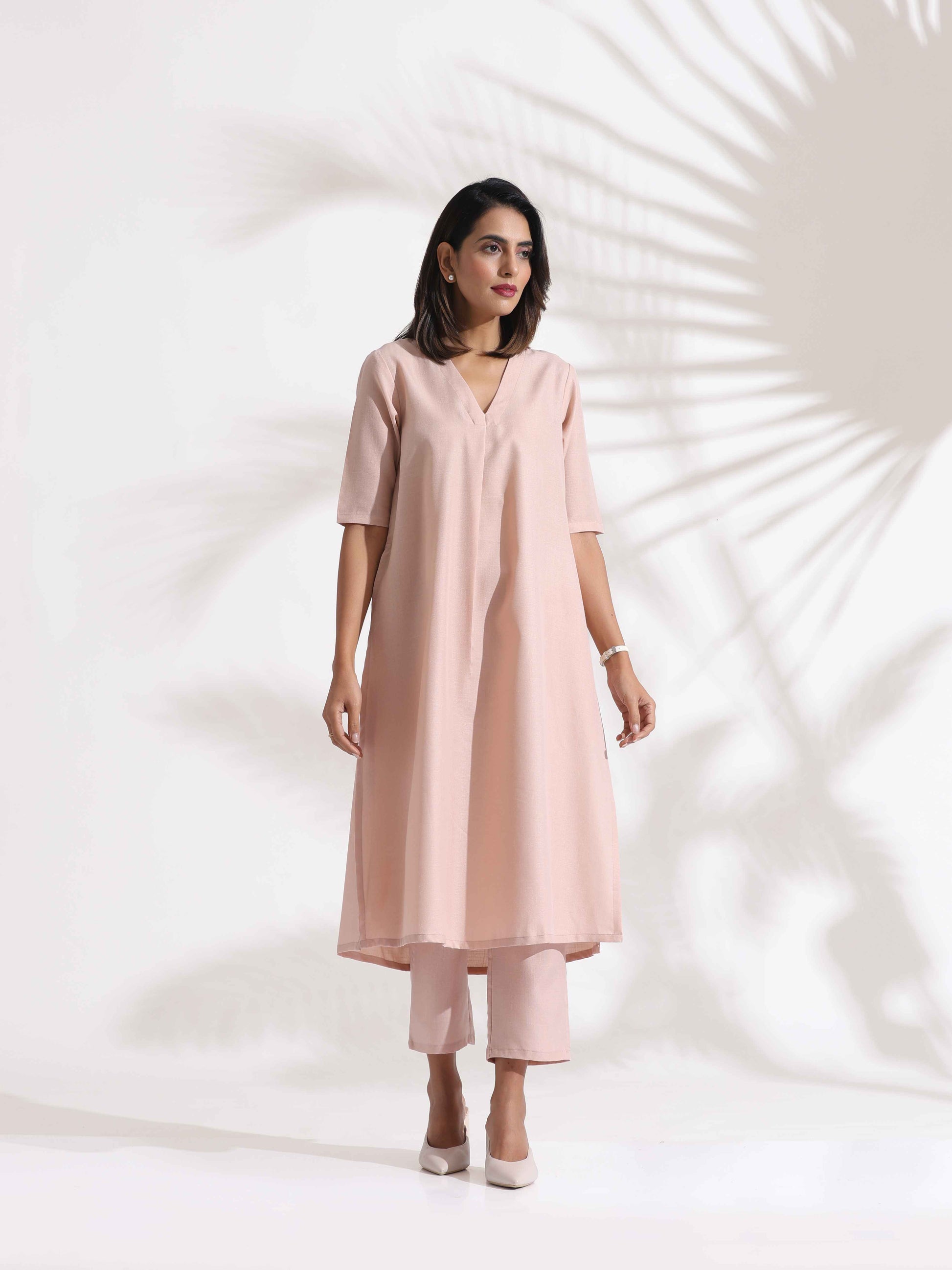 trueBrowns Light Pink Slub Kurta Set 