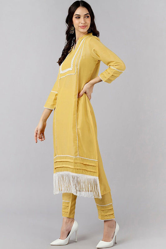 Ahika Yellow Poly Silk Solid Straight Kurta Set