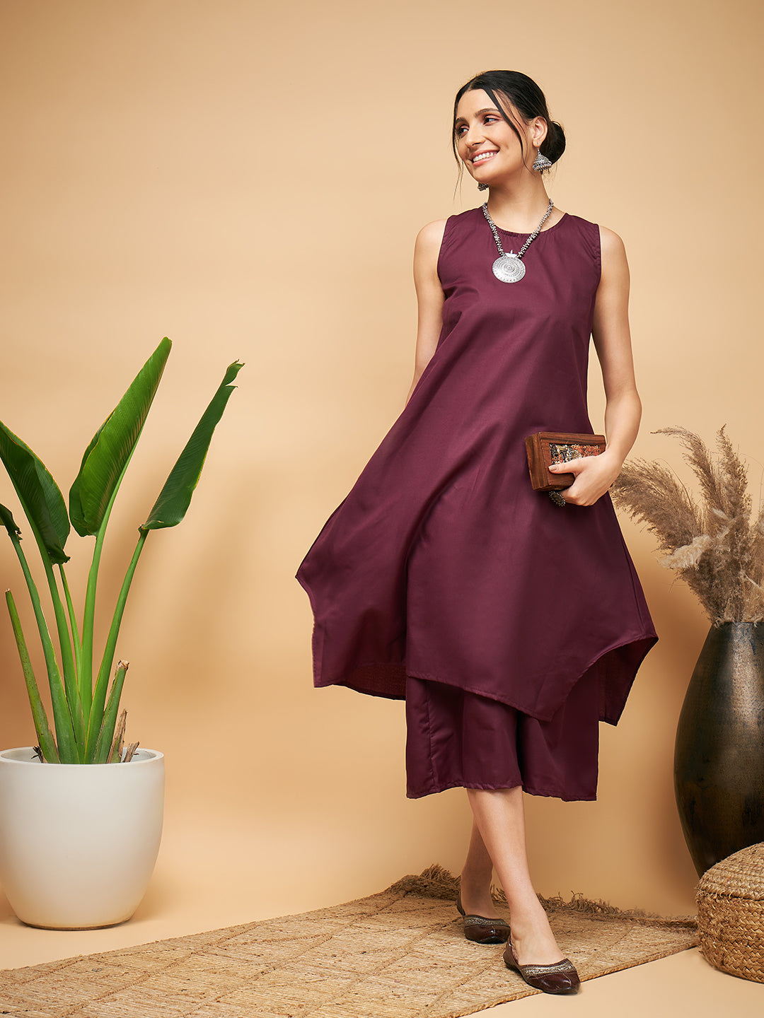 InWeave Women's Wine Solid Short Kurta Palazzo Set 
