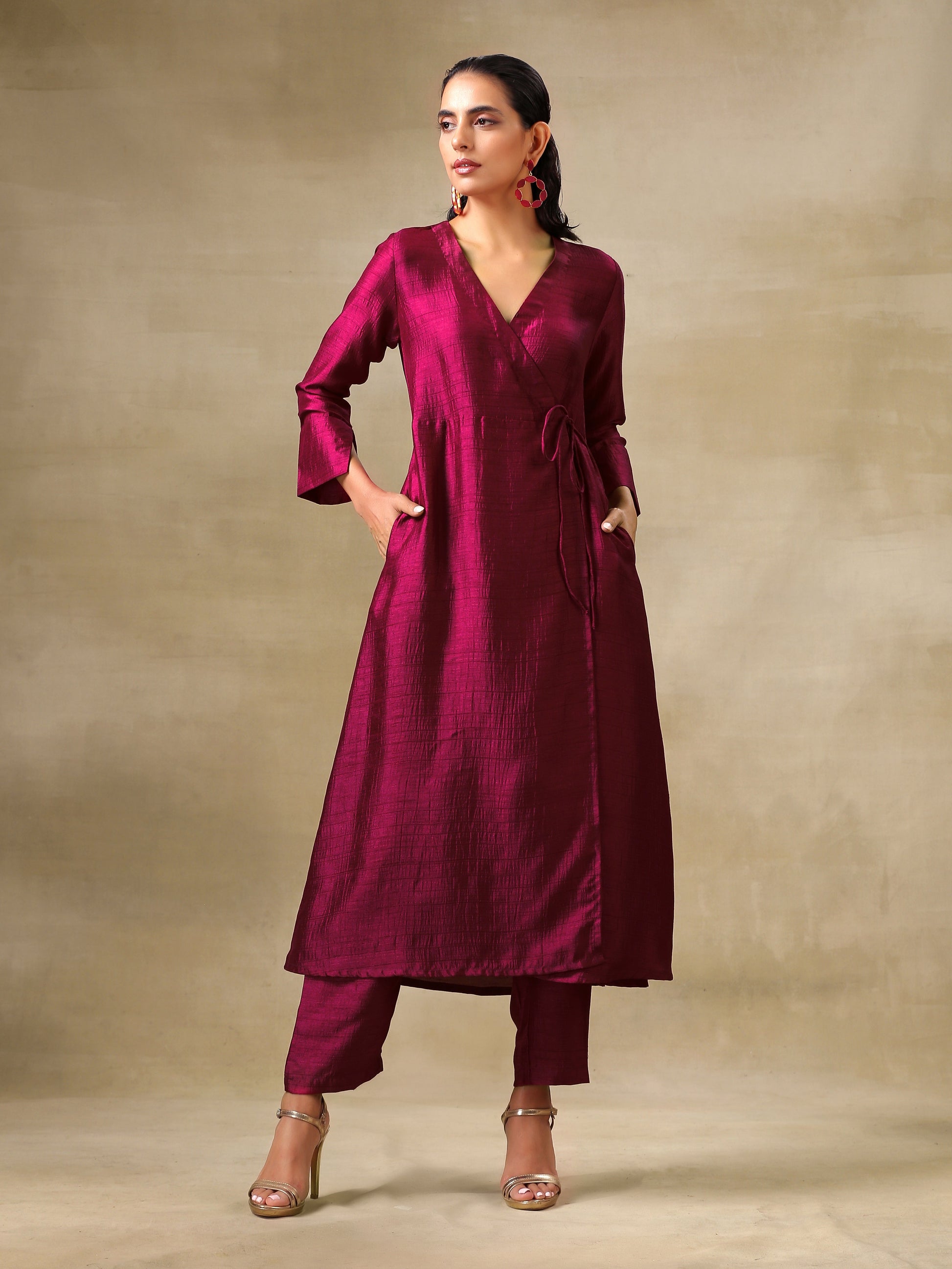 trueBrowns Purple Textured Silk Angrakha Kurta Pant Set 