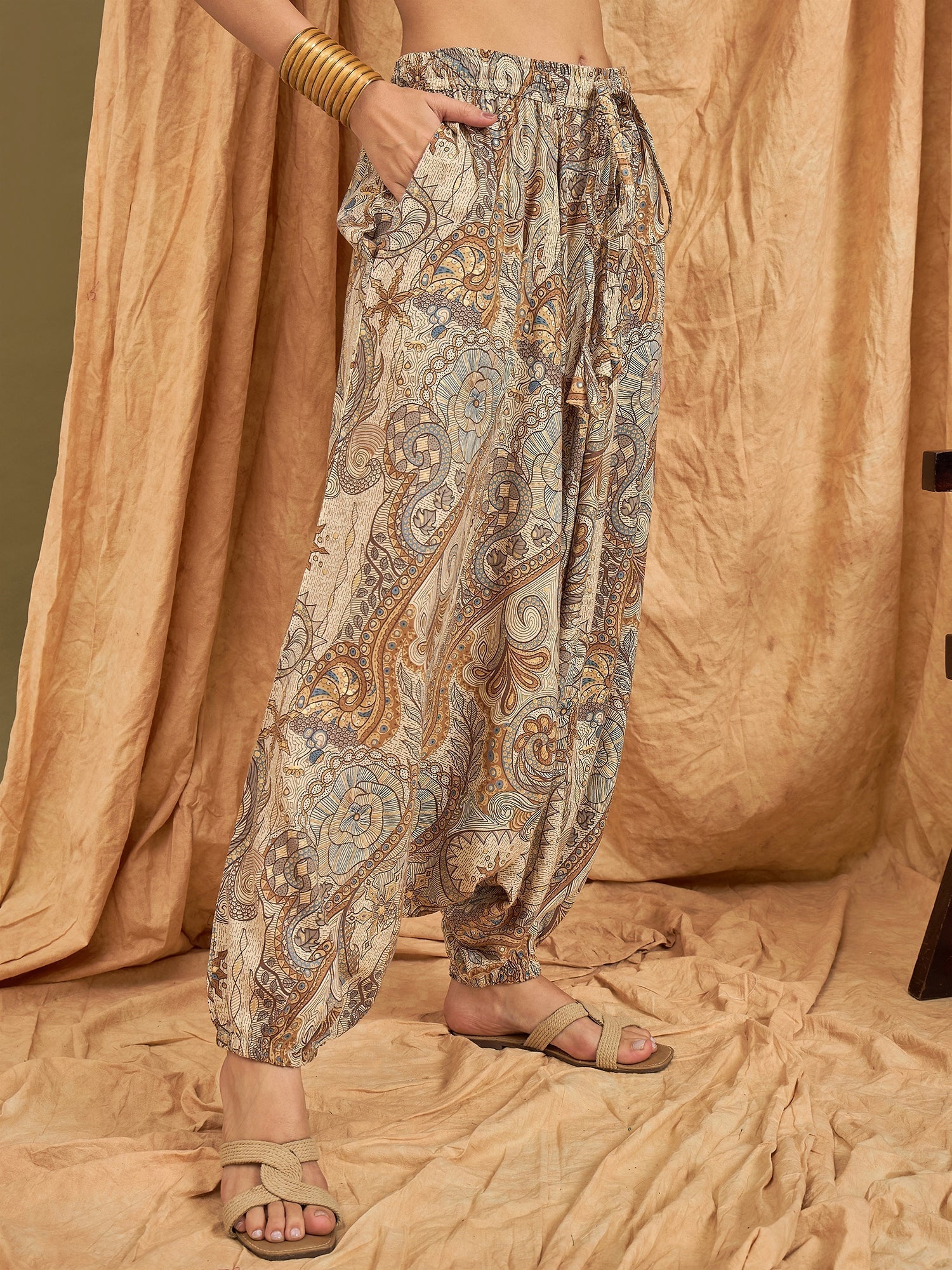 InWeave Beige Paisley Flower Harem Pant 