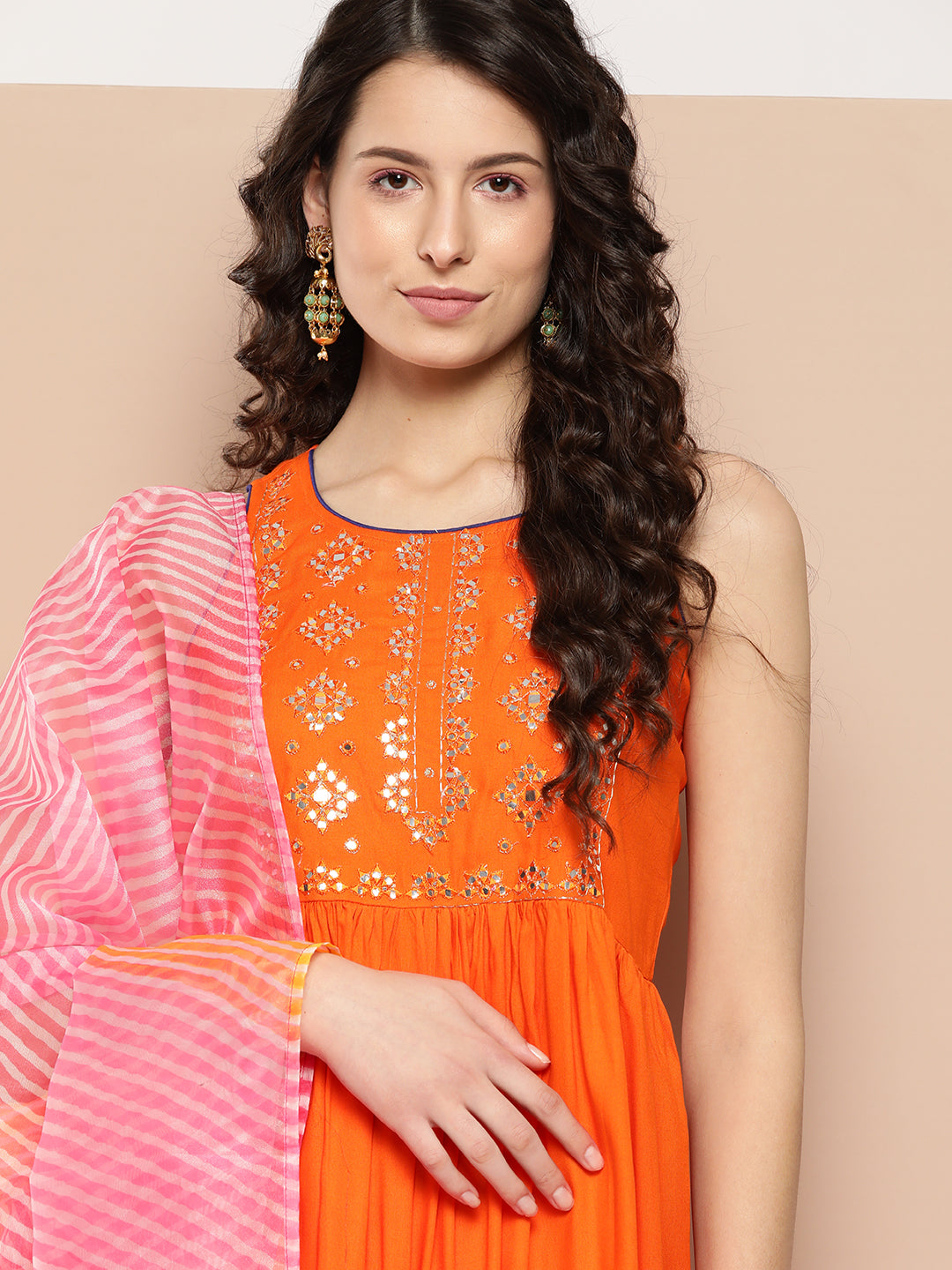 InWeave Women's Orange Mirror Work Aline Strappy Kurta Set W Pink Yellow Leh Dupatta 