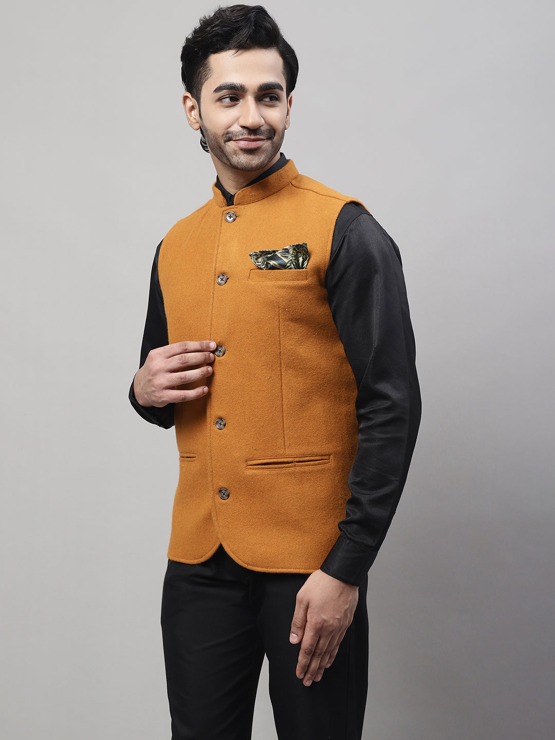 Even Apparels Men's Orange Pure Wool Nehru Jacket 