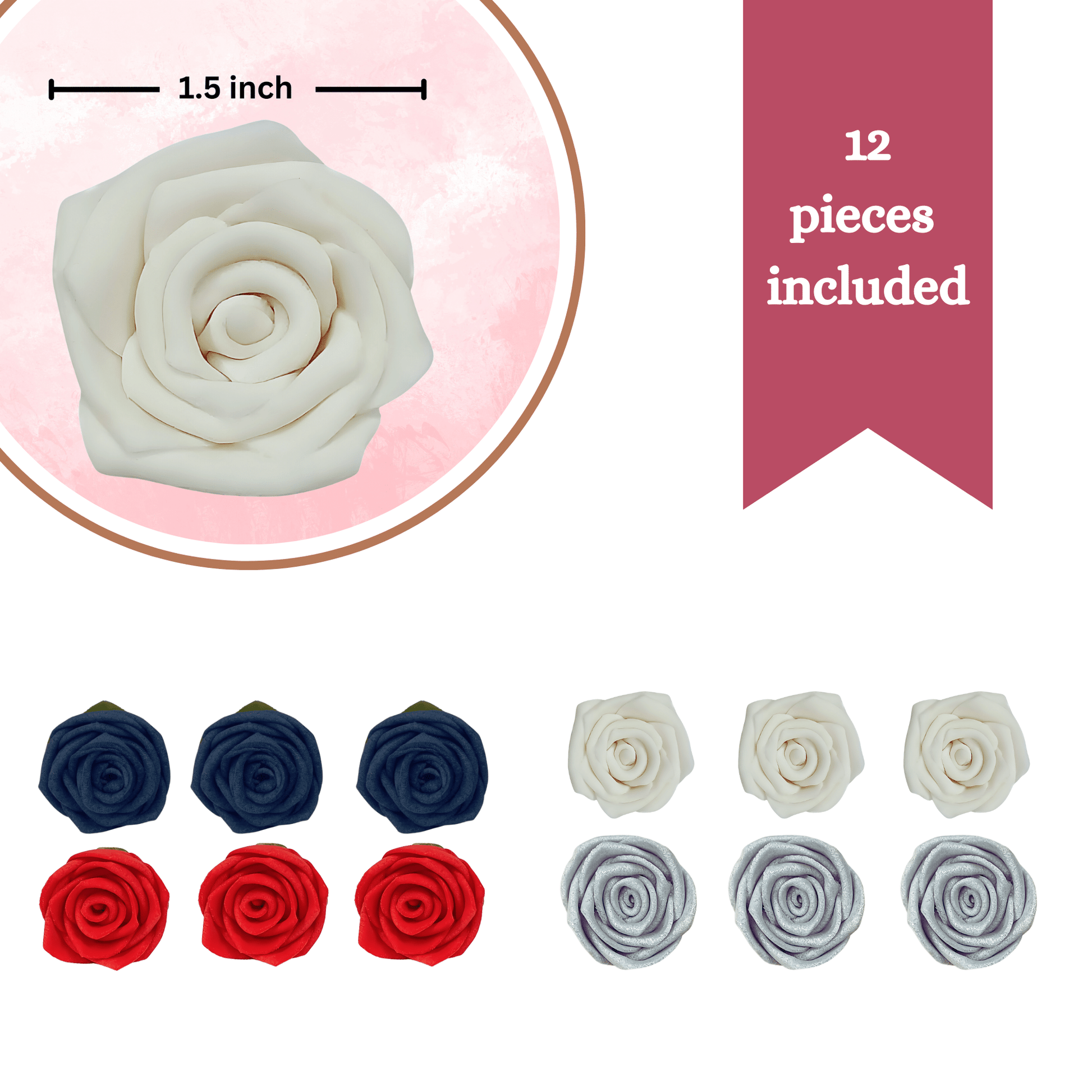 Confect Edible Sugar Roses Cake Toppers - Pack of 12 (01)