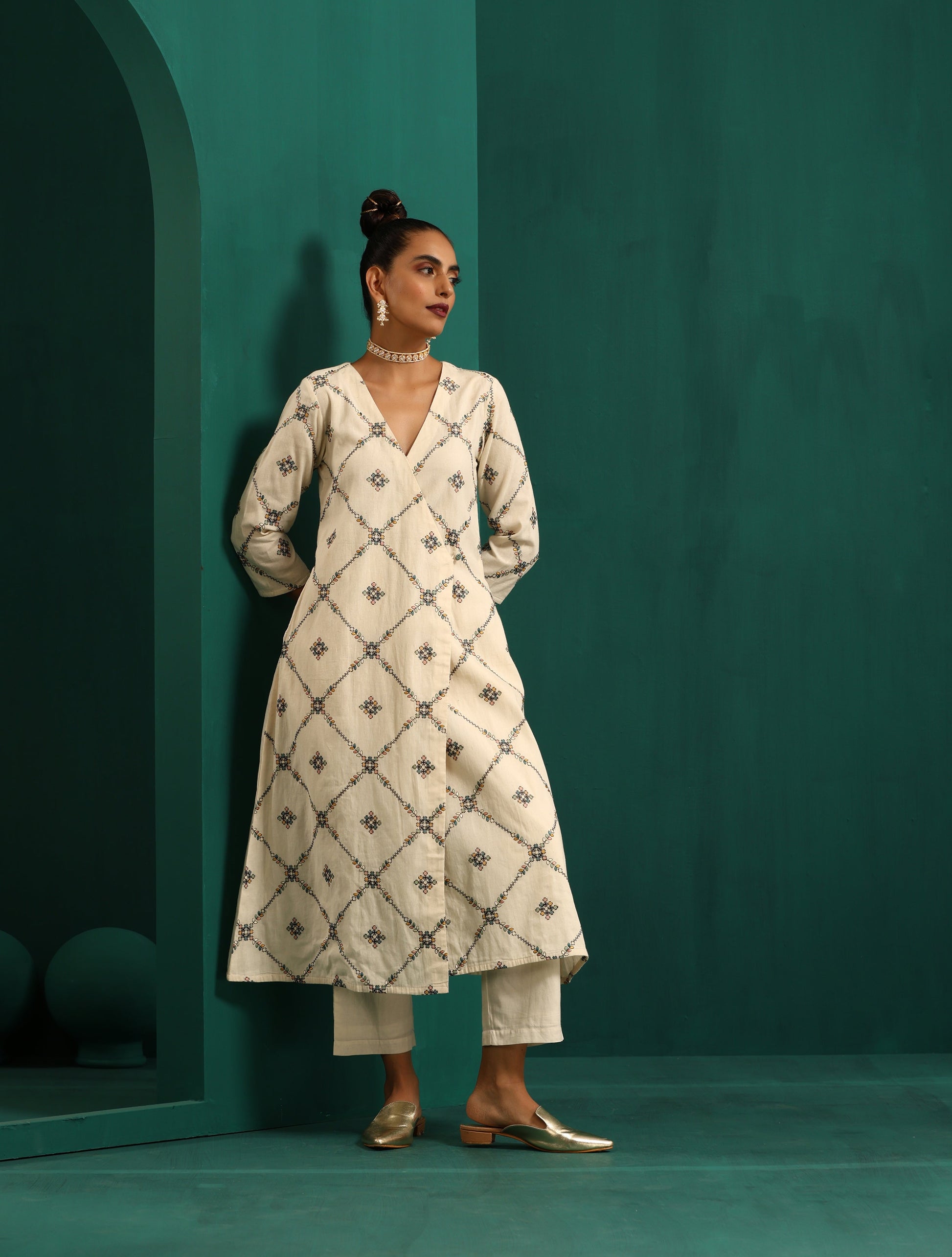 trueBrowns Ivory Rhombus Cotton Angrakha Kurta Pant Set 