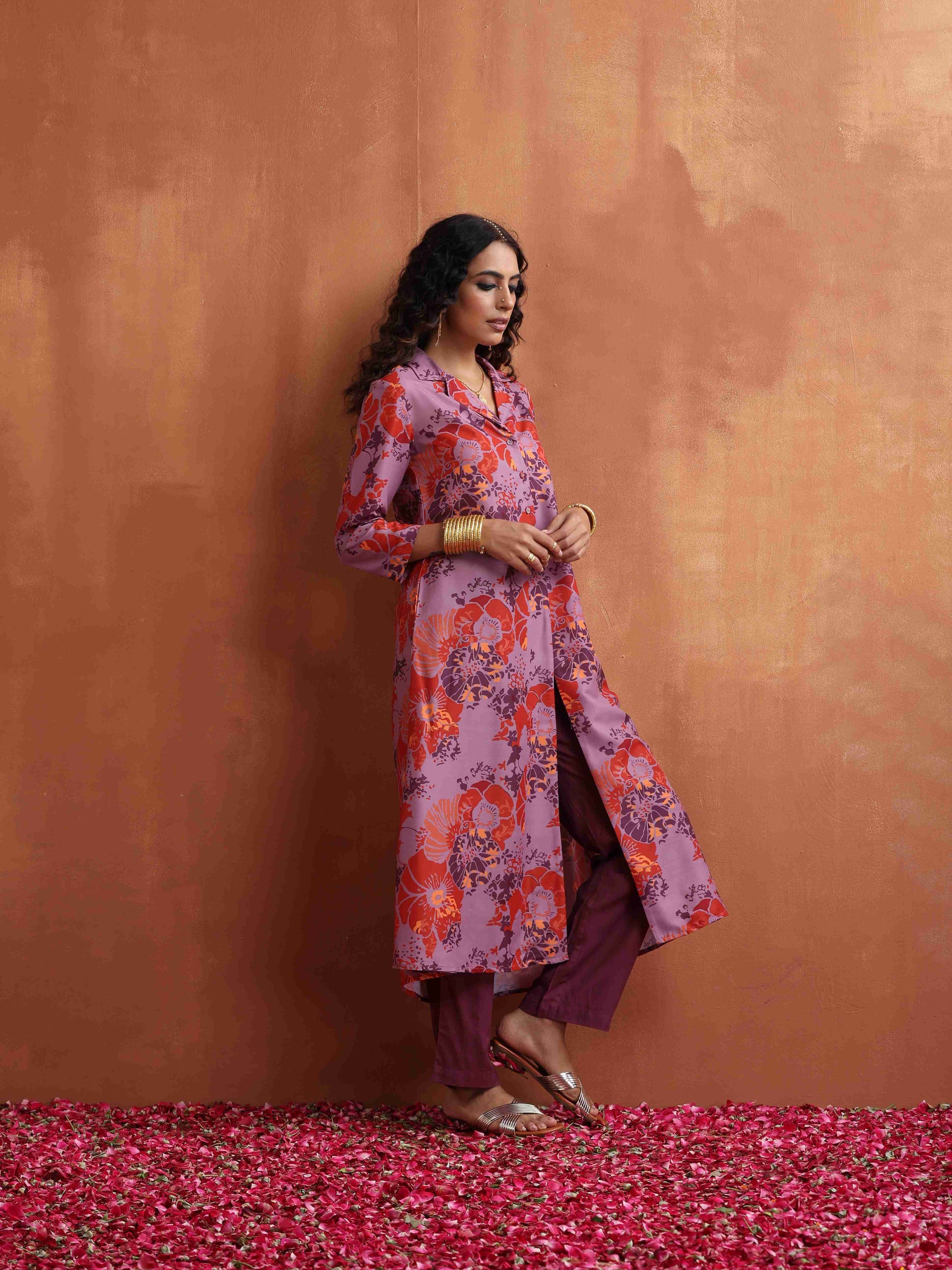 trueBrowns Purple Print Shirt Kurta Set 