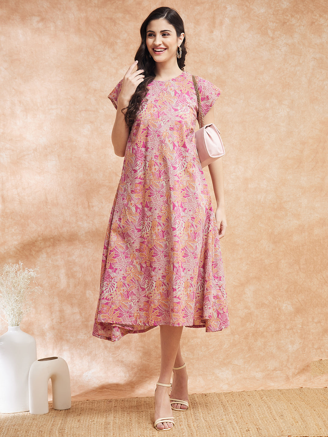 InWeave Women's Pink Coral Floral Print A Line Dress 