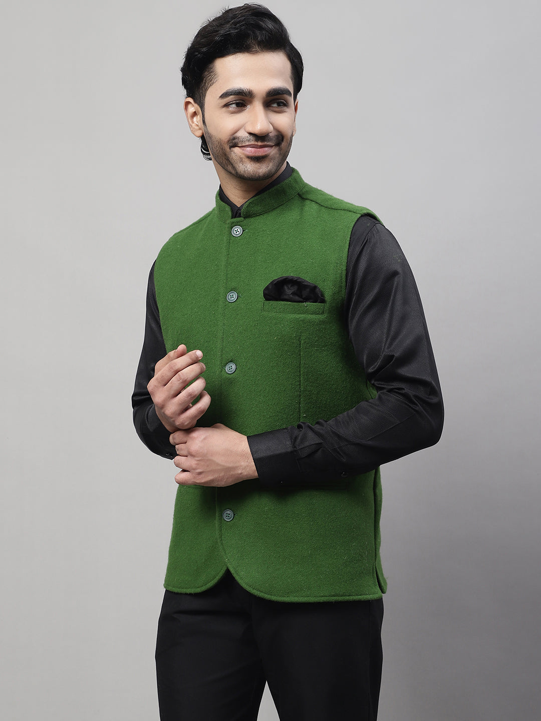 Even Apparels Men's Green Pure Wool Nehru Jacket 