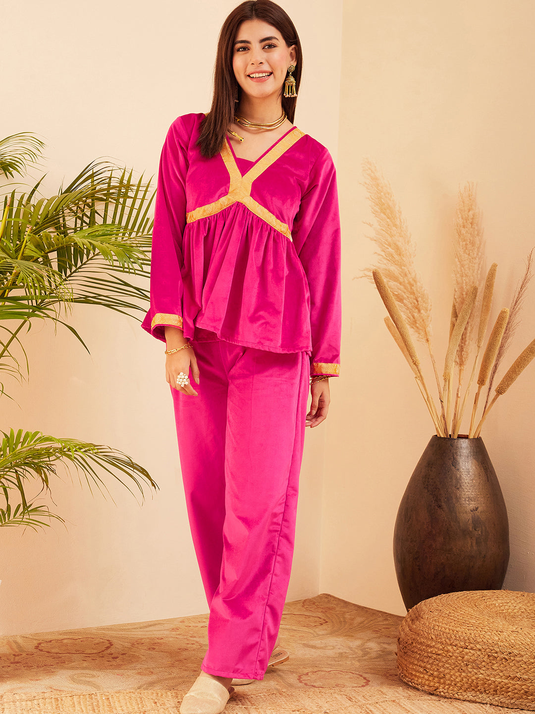 InWeave Women's Magenta Mughal Shaan Style Velvet Short Kurta Set 