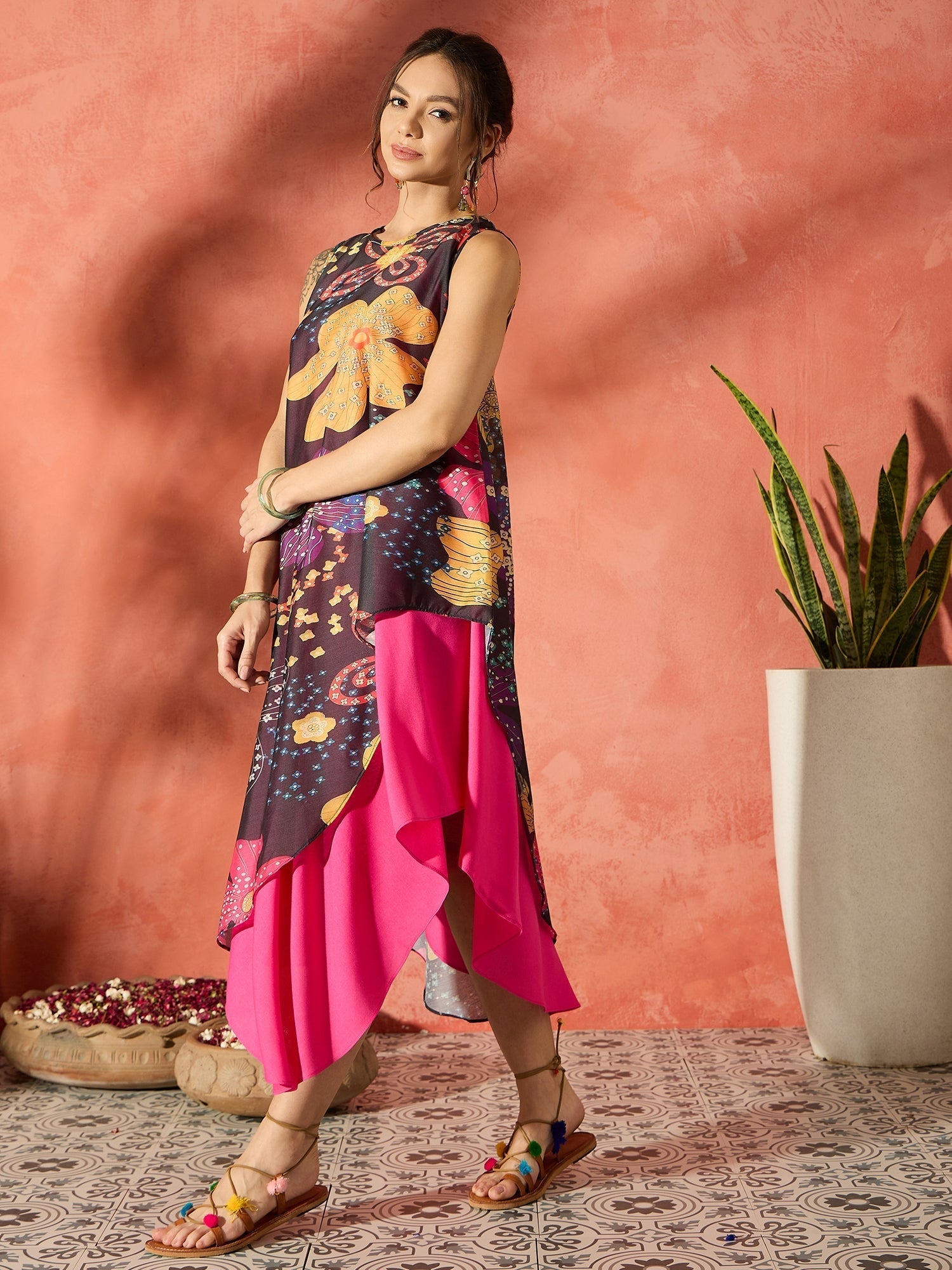 InWeave Black Floral Fuchsia Asymmetrical Dress 