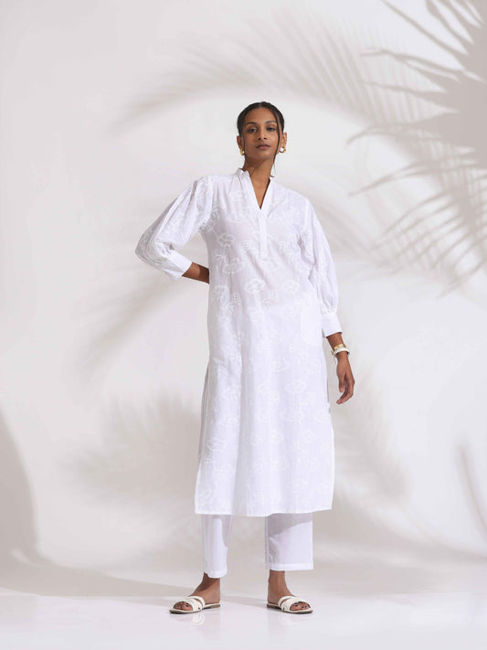 trueBrowns trueBrown White Cotton Schiffli Kurta Set