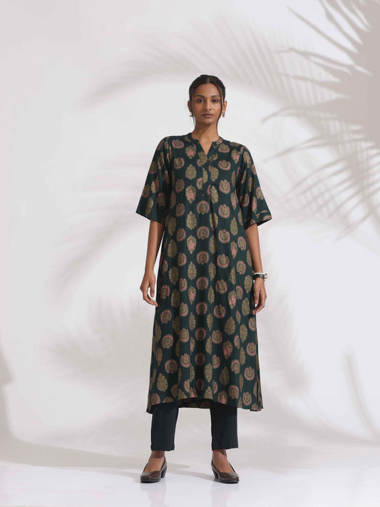 trueBrowns Green Foil Print Cotton Kurta Set