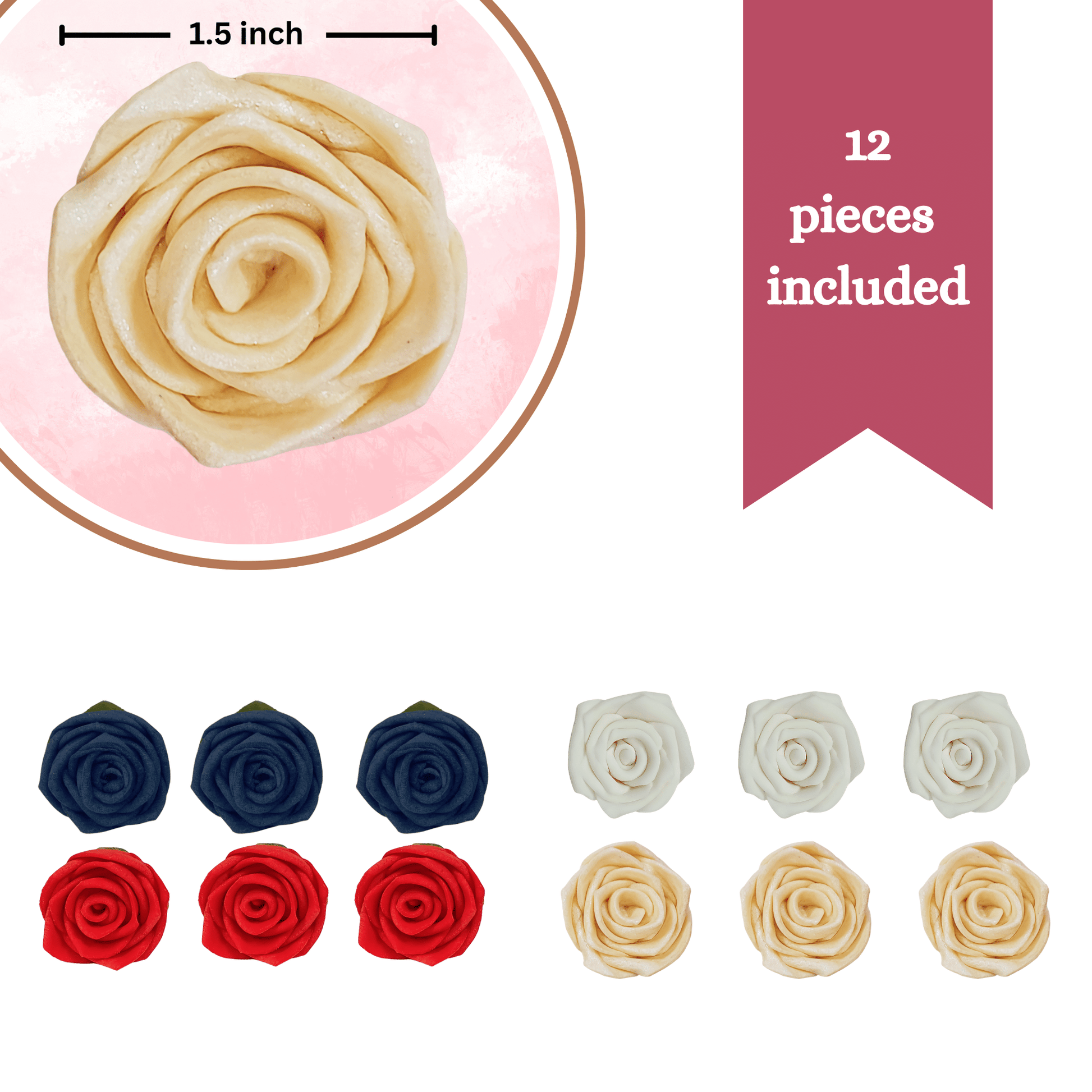 Confect Edible Sugar Roses Cake Toppers - Pack of 12 (02)