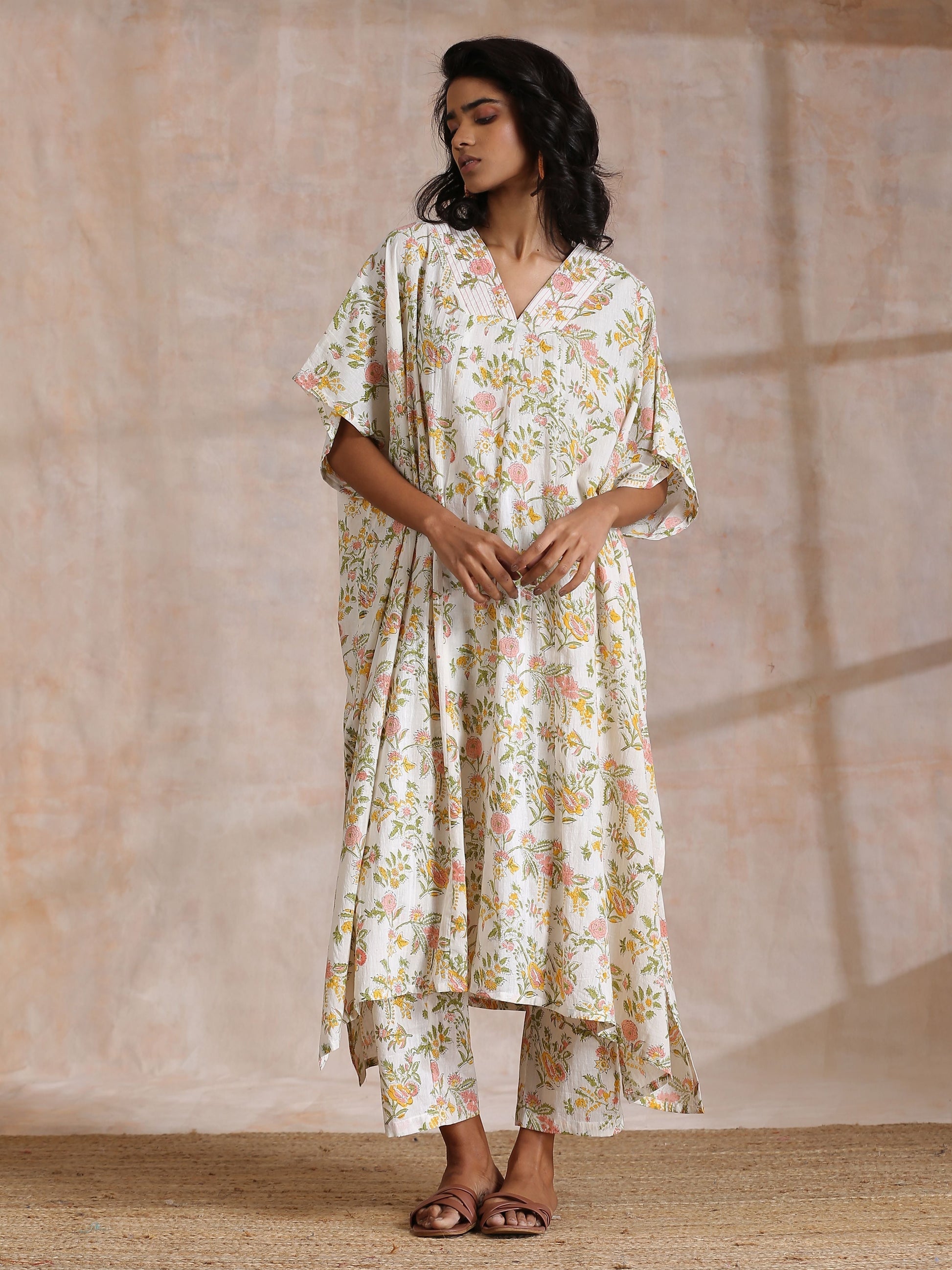 trueBrowns Pink Yellow Floral On White Block Print Cotton Panel Kaftan Kurta Pant Set 
