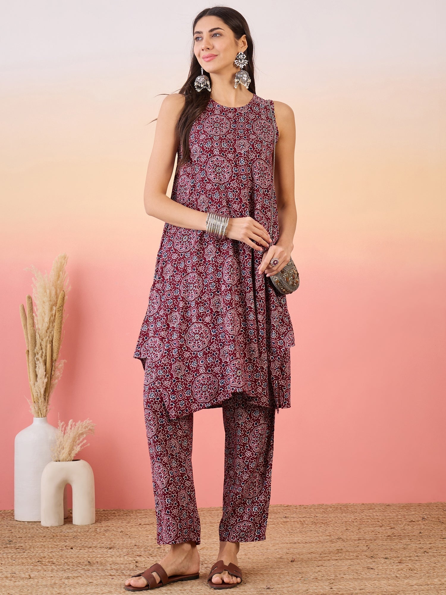 InWeave Maroon Navy Ajrakh Foil Round Neck Kurta Pant Set 