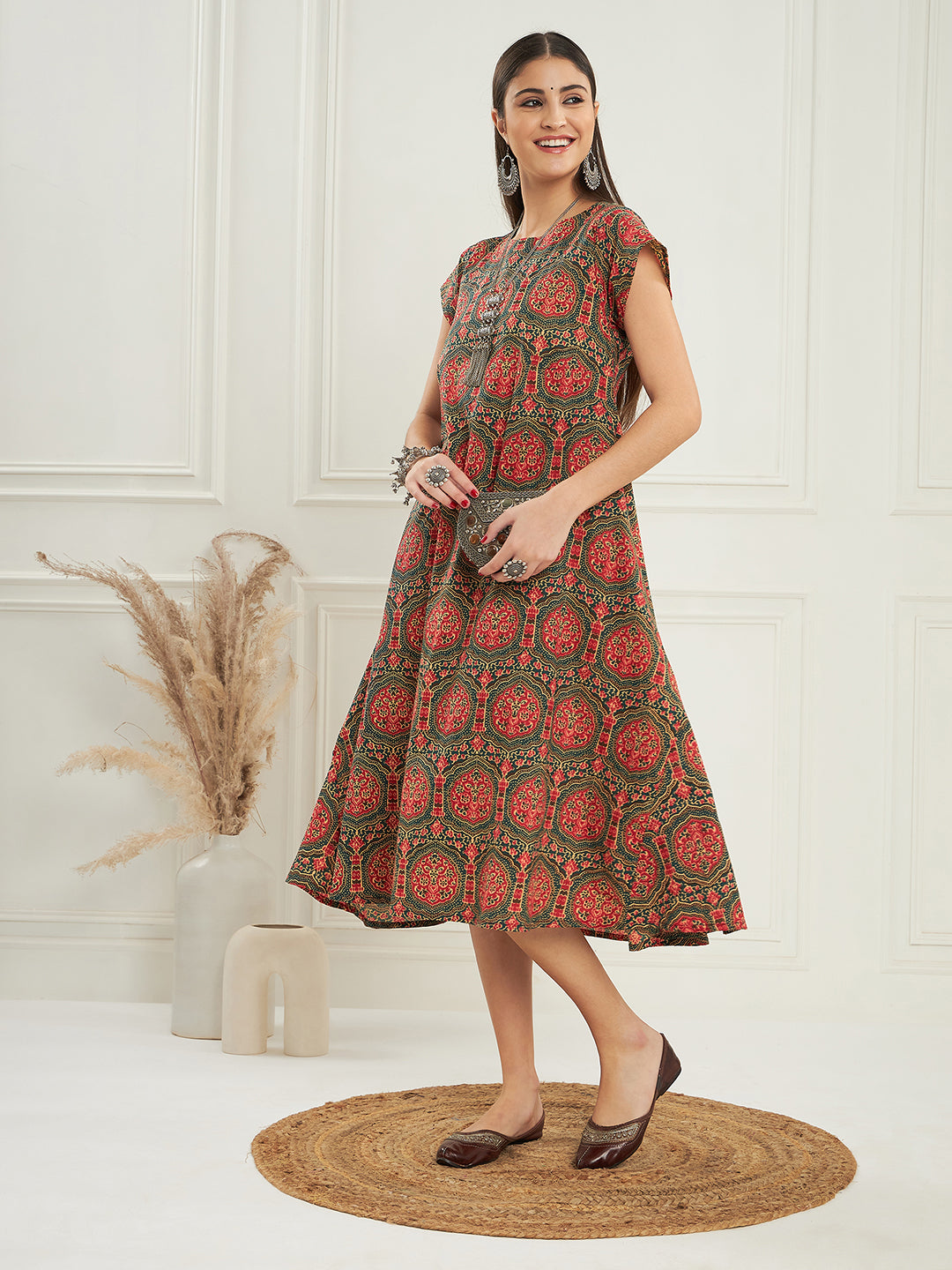 InWeave Women's Green Red Mughal Kalamkari A Line Dress 