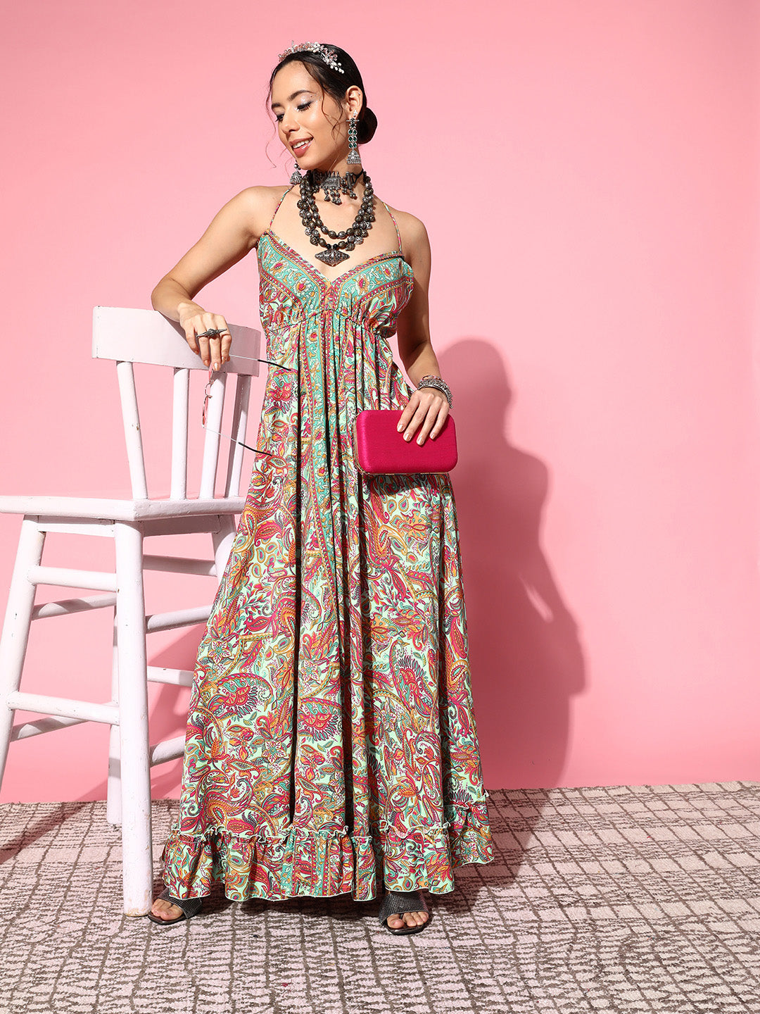 InWeave Women's Green Paisley Print Back Detail Long Dress 