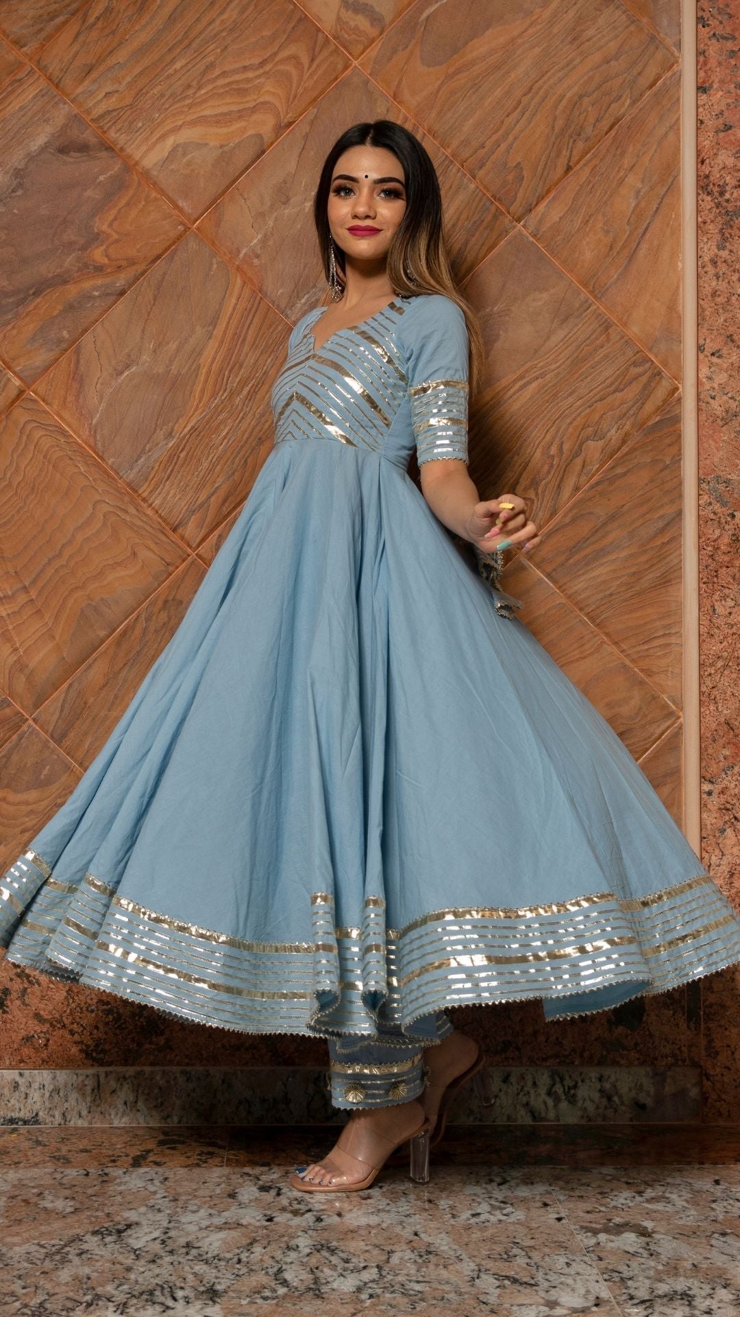 Pomcha Jaipur Powder Blue Pure Cotton Anarkali Set 