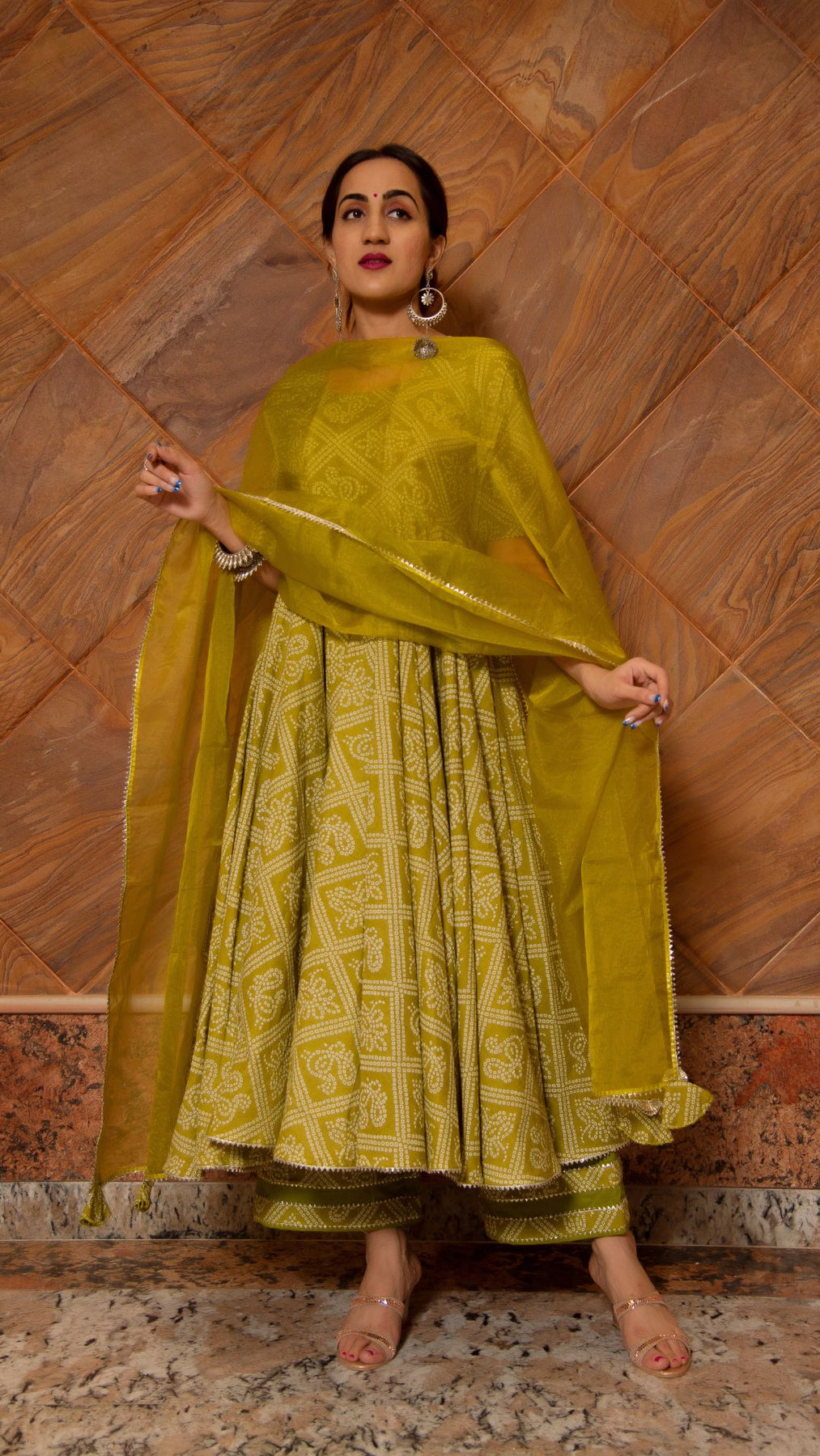 Pomcha Jaipur Bandhej Mehndhi Green Cotton Anarkali Set 
