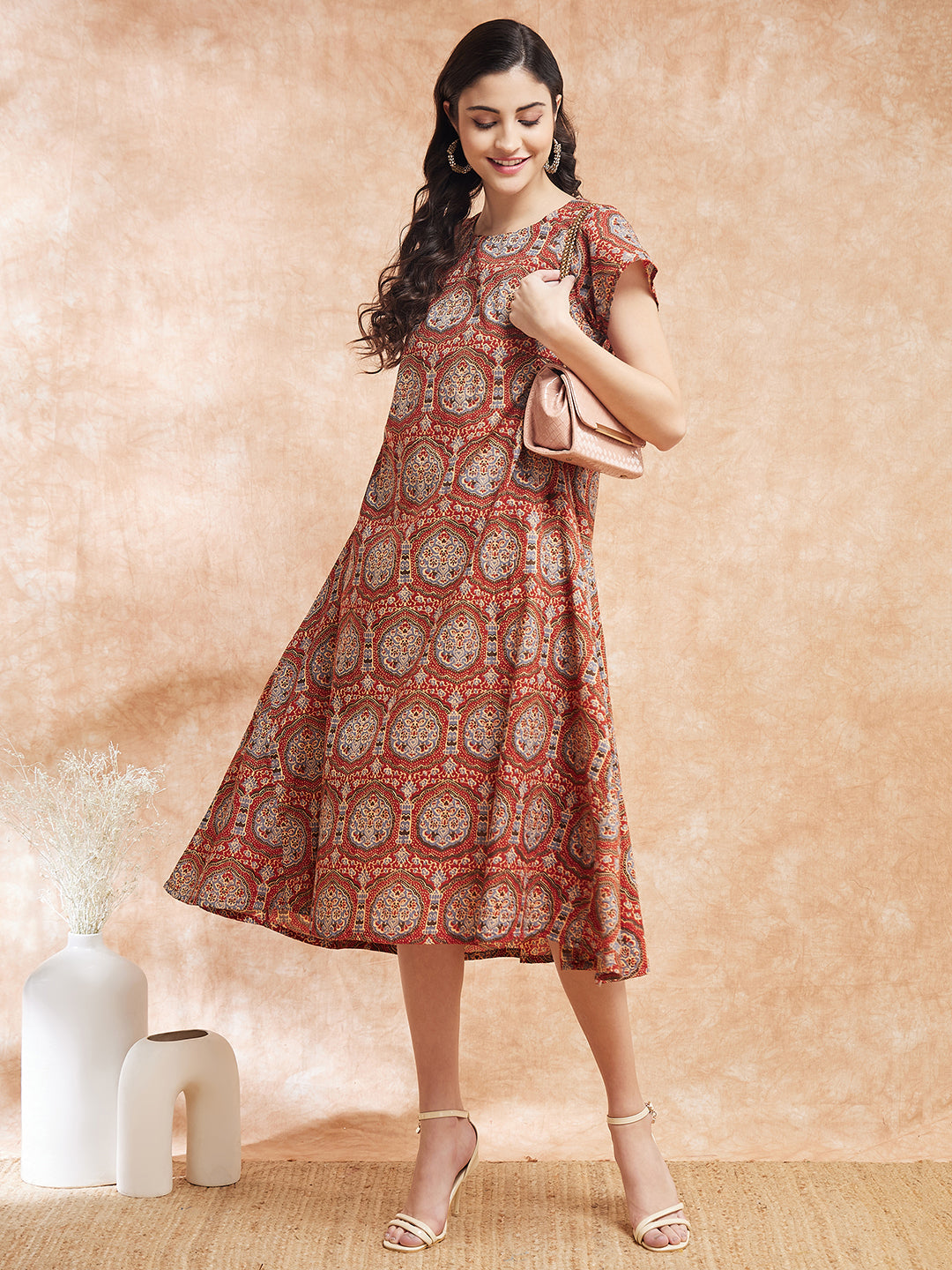 InWeave Women's Maroon Mughal Kalamkari A Line Dress 