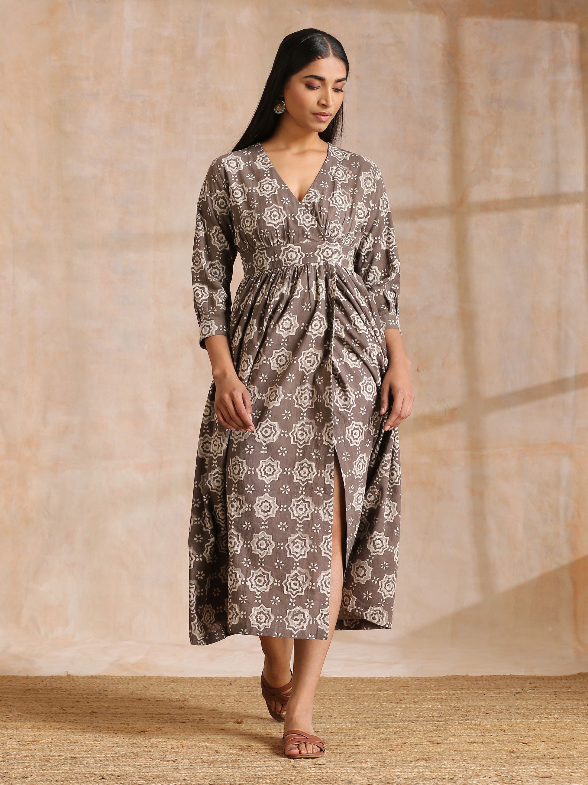 trueBrowns Clay Dabu Overall Print Cotton Wrap Dress 