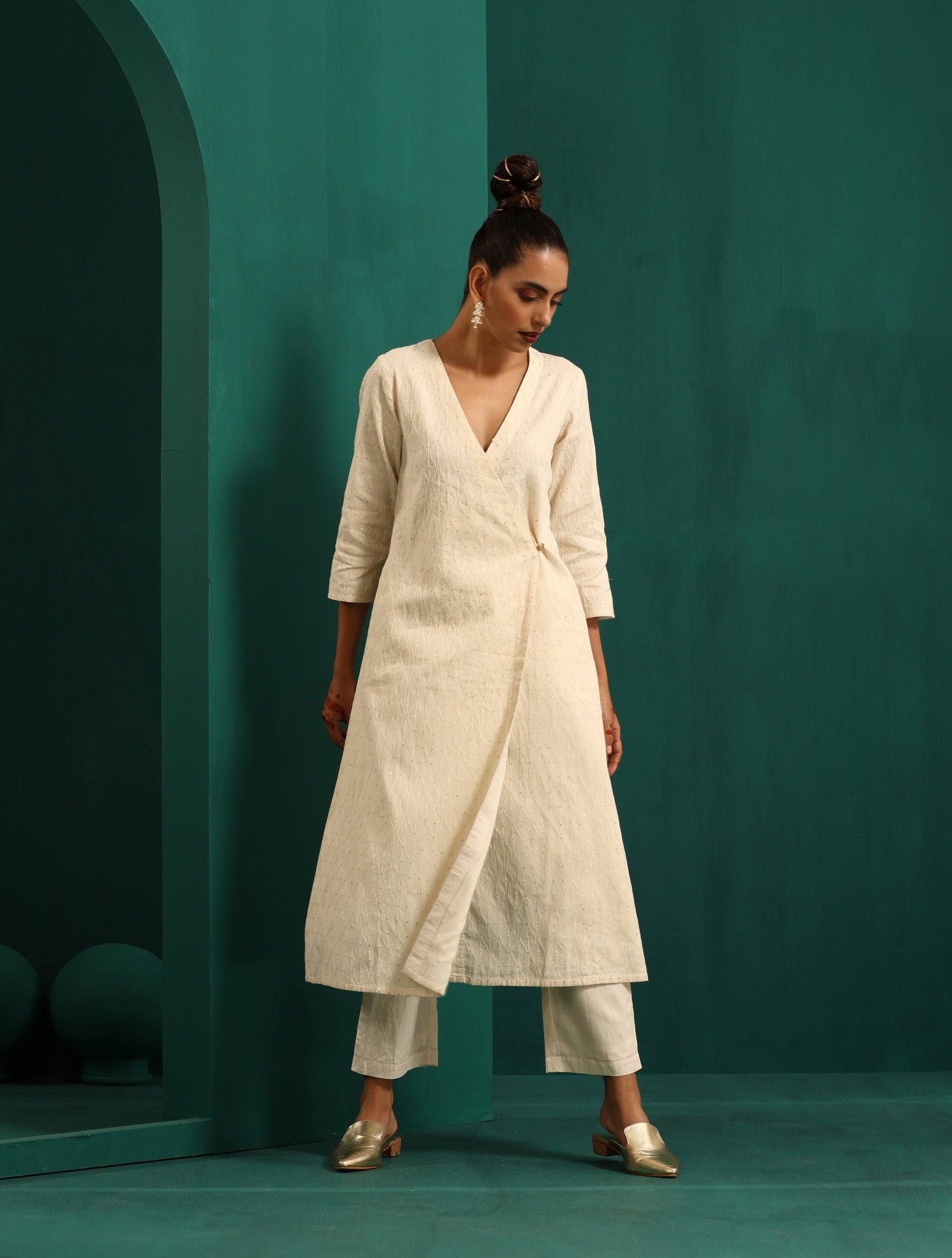 trueBrowns Ivory Tonal Cotton Angrakha Kurta Pant Set 