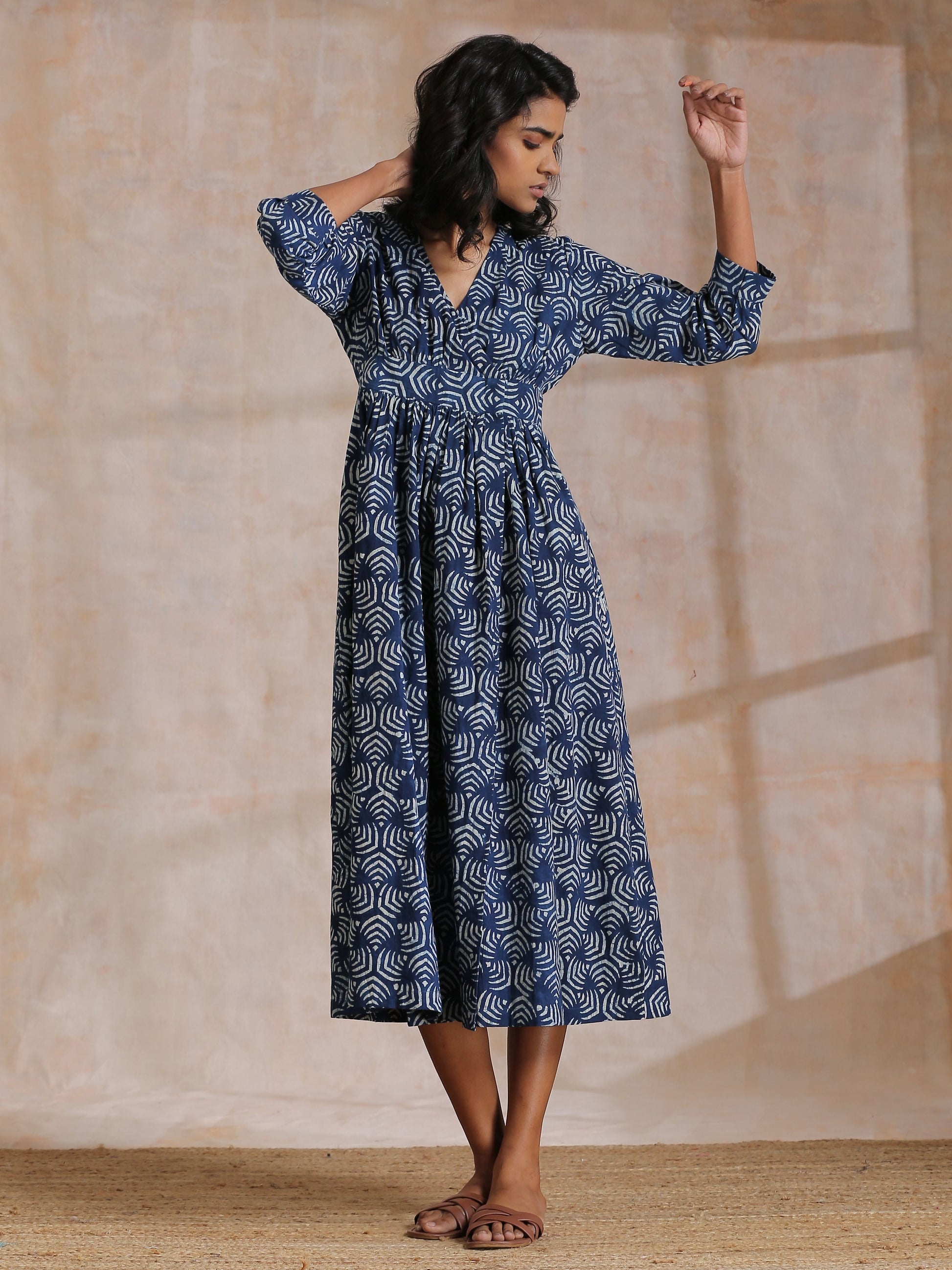 trueBrowns Indigo Dabu Overall Print Cotton Wrap Dress 