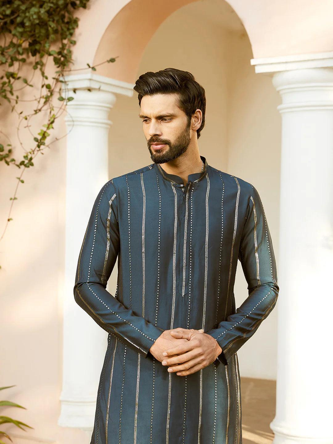Fabmade Embroidered Regular Sequinned Chanderi Silk Kurta With Pyjamas