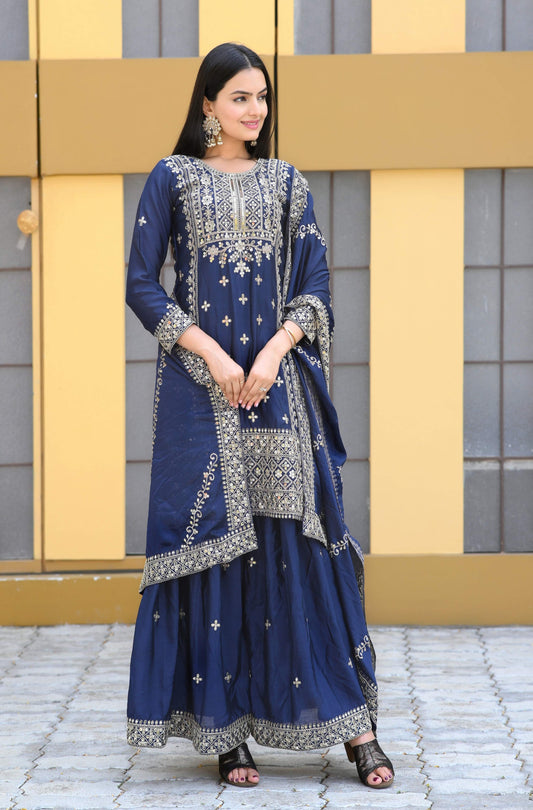 Teeya Creation Blue Color Chinon Silk Heavy Embroidery Work Fully Stitched Salwar Suit
