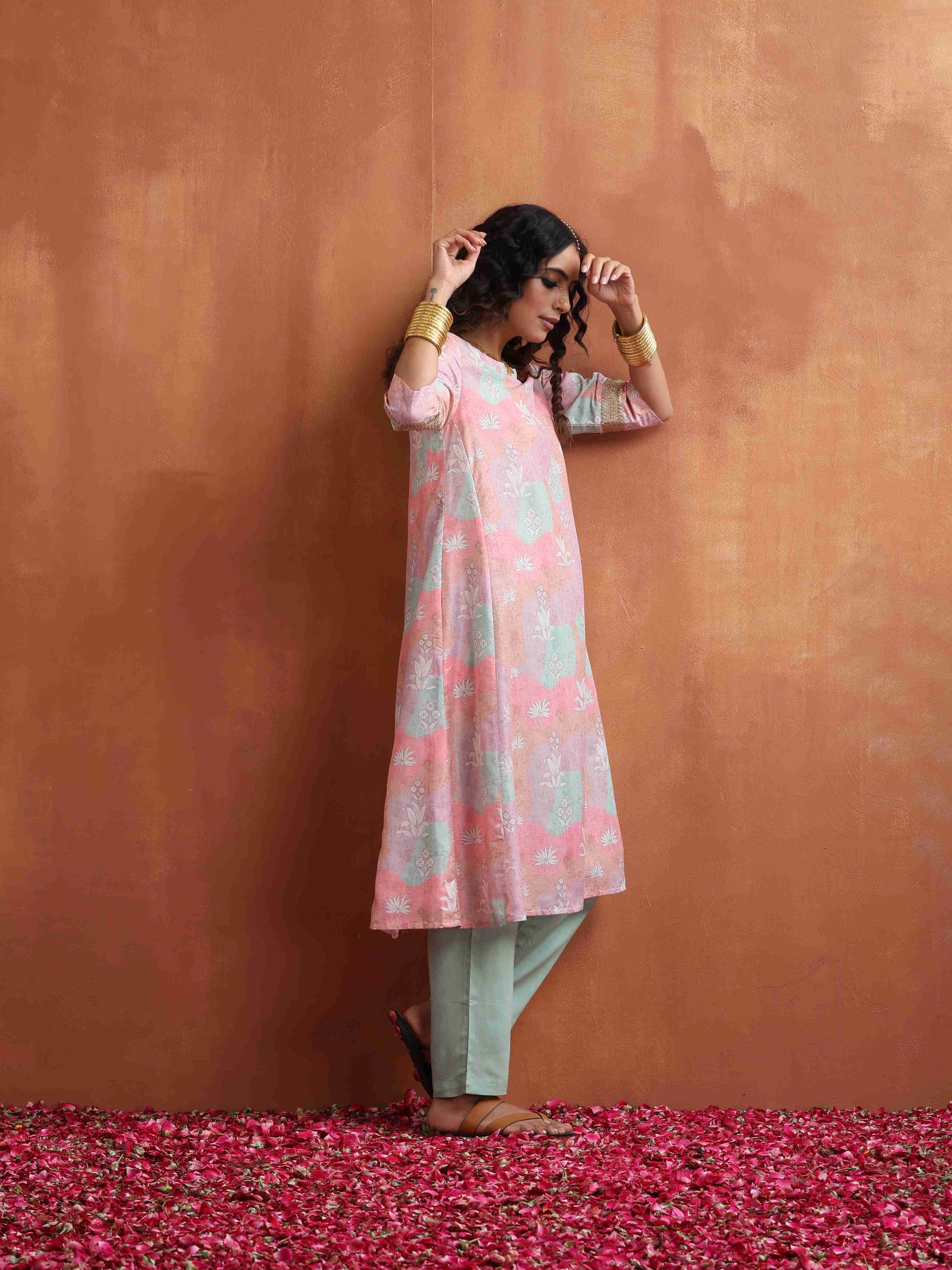 trueBrowns Beige Palm Print A-line Kurta Set 
