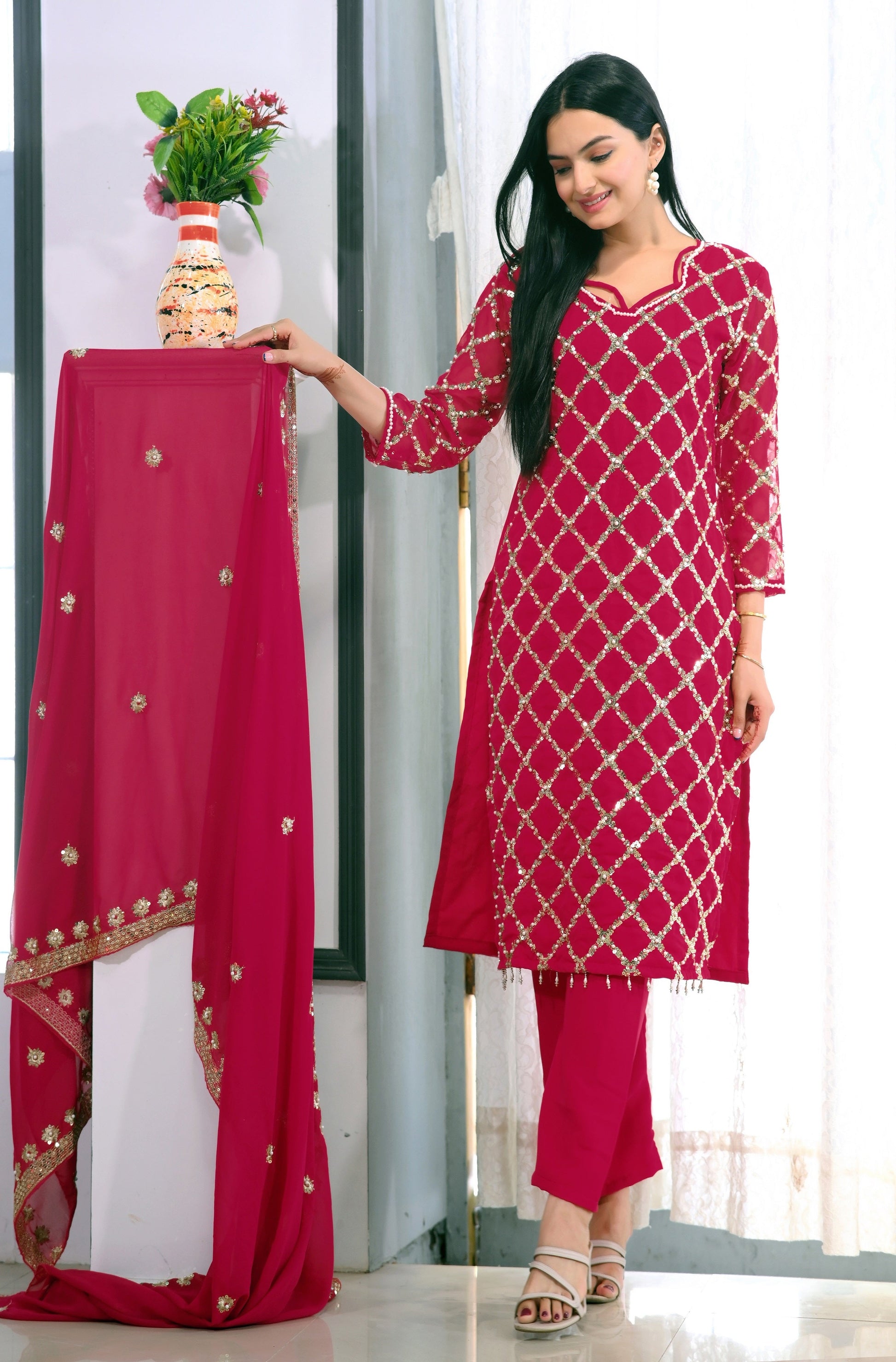 Teeya Creation Rani Color Faux Georgette Silk Heavy Embroidery Work Fully Stitched Salwar Suit