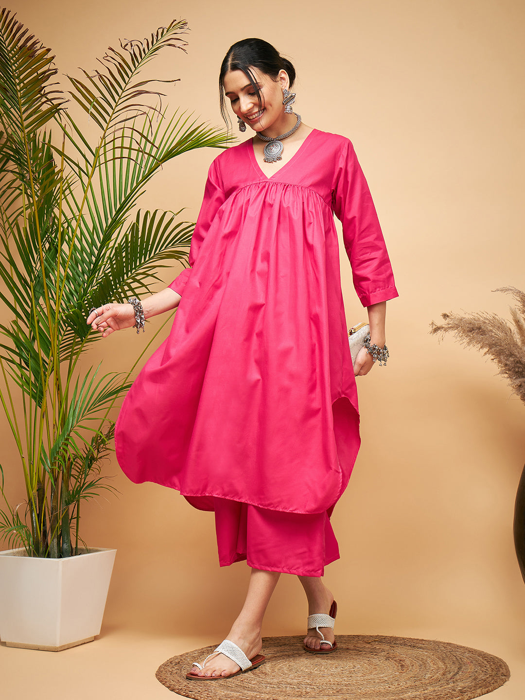 InWeave Women's Fuchsia Flared Kurta Palazzo Set 