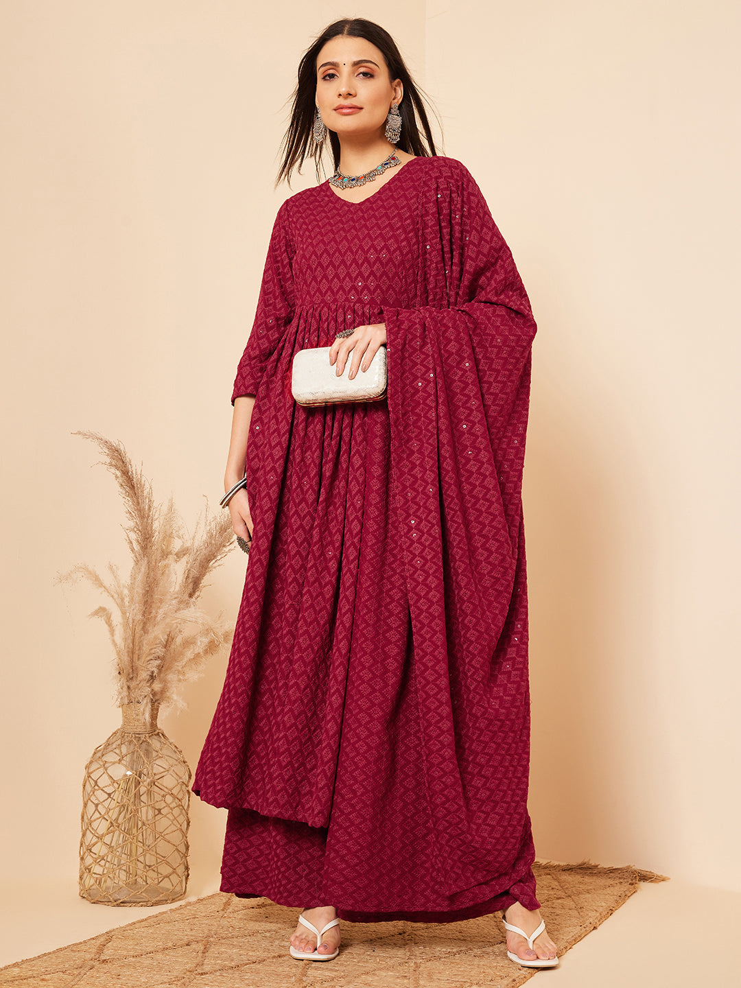 InWeave Women's Maroon Chikankari Long Anarkali Kurta Palazzo Set W Dupatta 