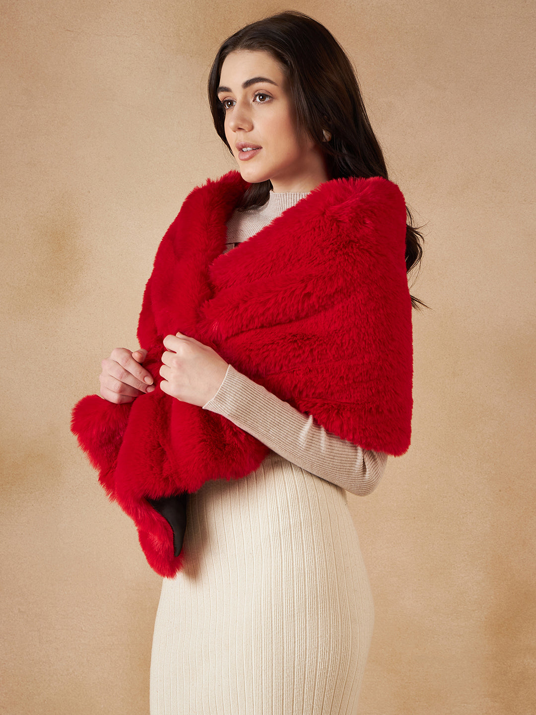 InWeave Women's Cherry Red Long Faux Fur Cape 