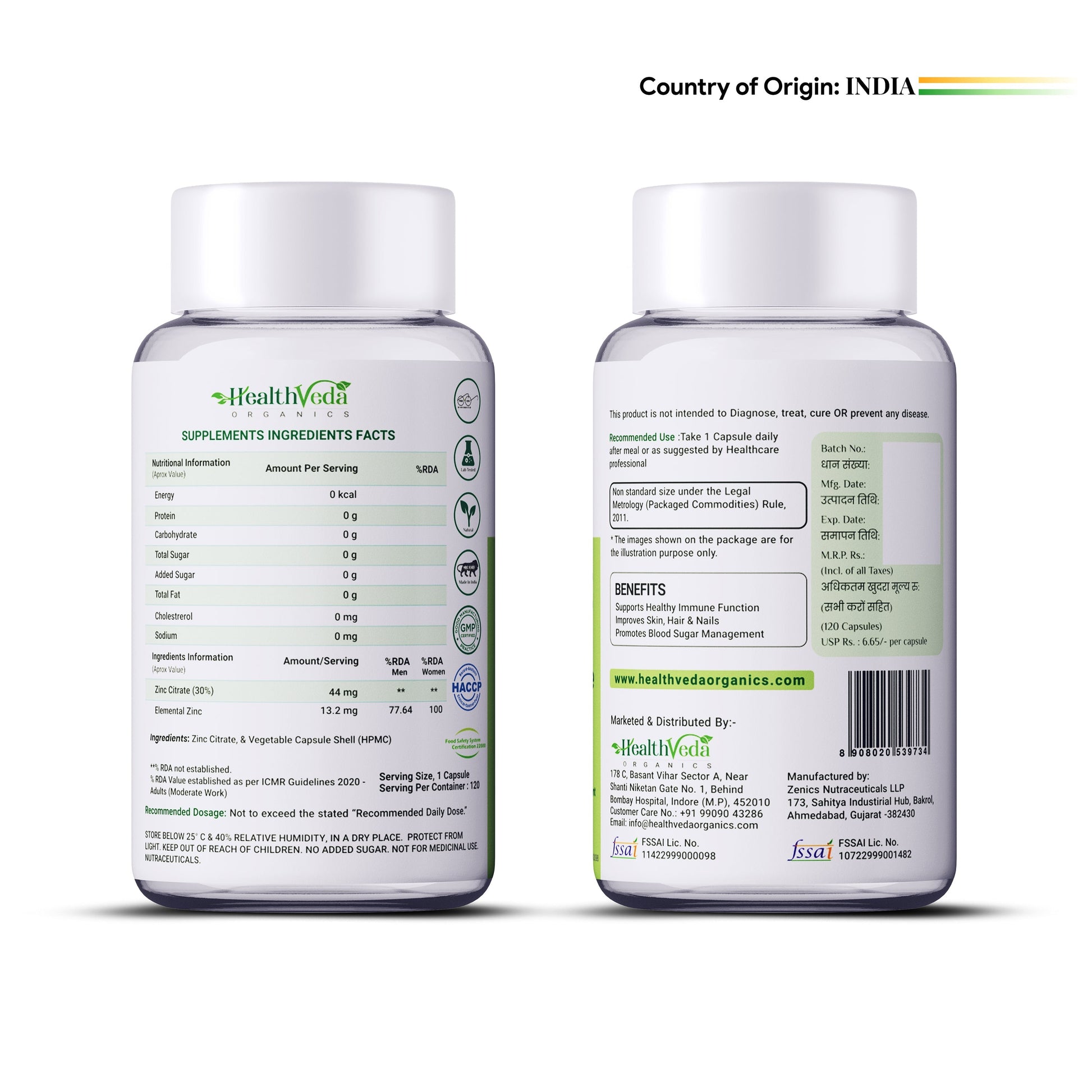 Health Veda Organics Zinc Citrate Veg Capsules Health Veda Organics