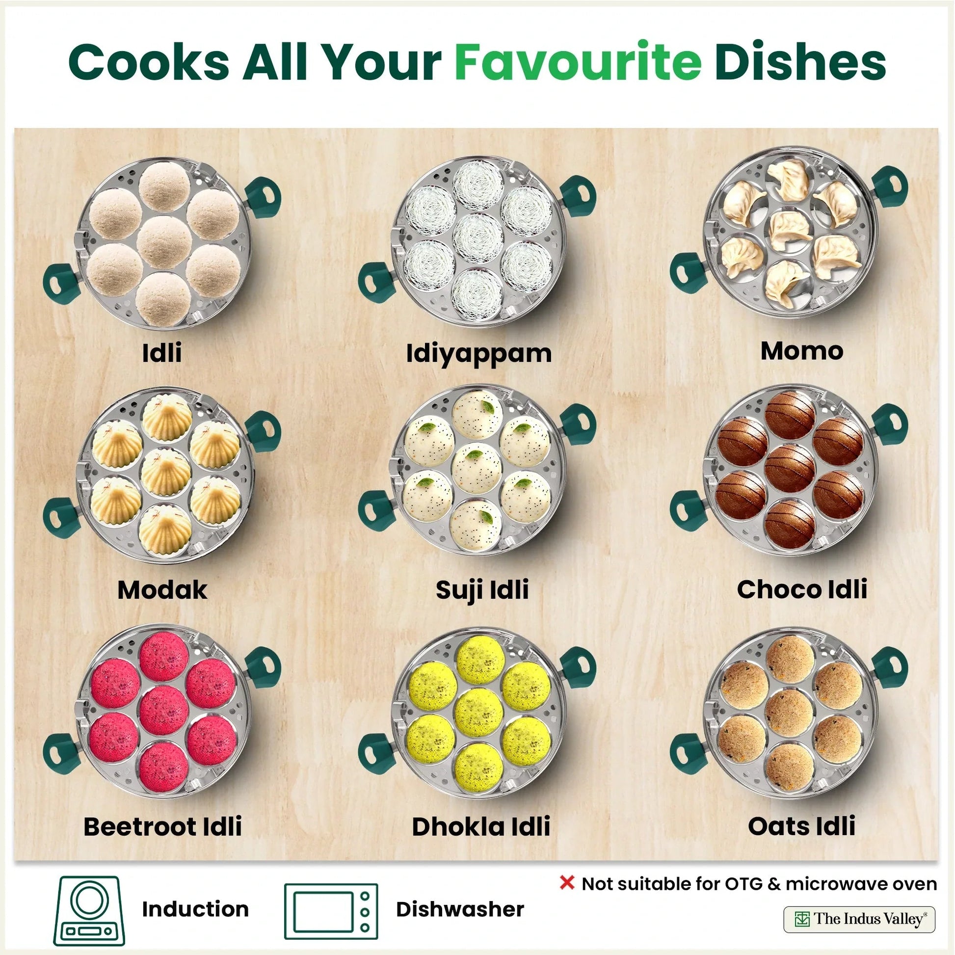 The Indus Valley 14 Pit Tri-Steel Multi Pot Premium Stainless Steel Idli/ Momo Maker/ Veg Steaming Set, Tri-ply Induction Bottom, 2 Plates, 27cm 
