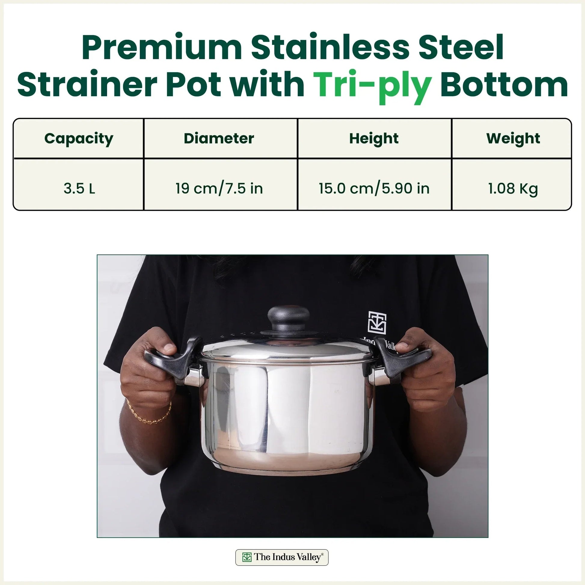 The Indus Valley Tri-steel Stainless Steel Rice Pot with Strainer Lid & Lockable Bakelite Handles, Tri-ply 3-Layer Heavy Bottom | Noodle/Pasta/Corn/Soya/Veggies Boiler Pot, Steamer Cooker, Induction & Gas, 1.08 Kg, 19cm, 3.5 L  Grab2Buy The Indus Valley Grab2Buy