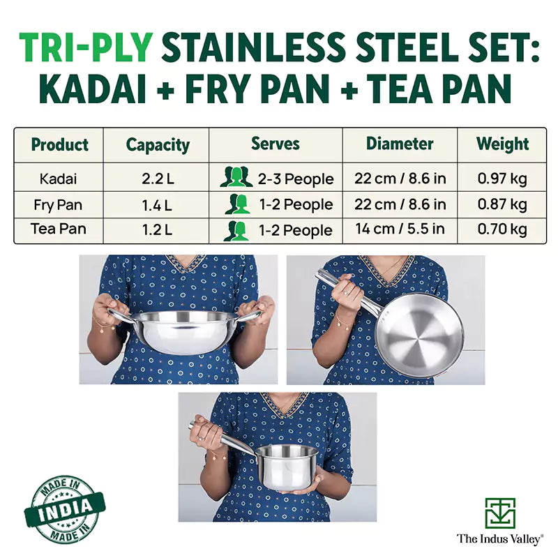 The Indus Valley TurboCuk Tri-ply Stainless Steel Cookware Set: 2.2L Kadai+ 1.4L Frypan+ 1.2L Tea/Milk pan, Premium Quality, 3 Layer Thick Body, 100% Toxin-free, Non-stick, Induction & Gas  Grab2Buy The Indus Valley Grab2Buy