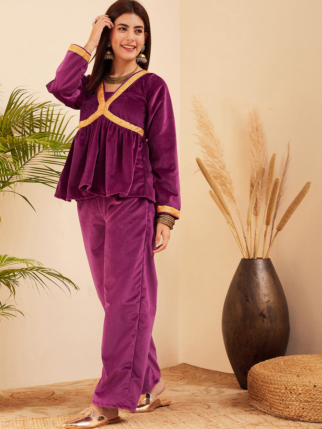 InWeave Women's Wine Mughal Shaan Style Velvet Short Kurta Set 