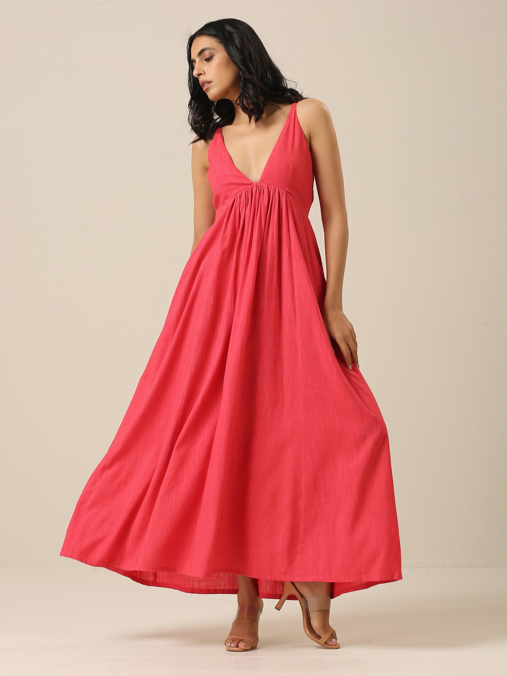 trueBrowns Bright Pink Slub Texture Sleeveless Dress 
